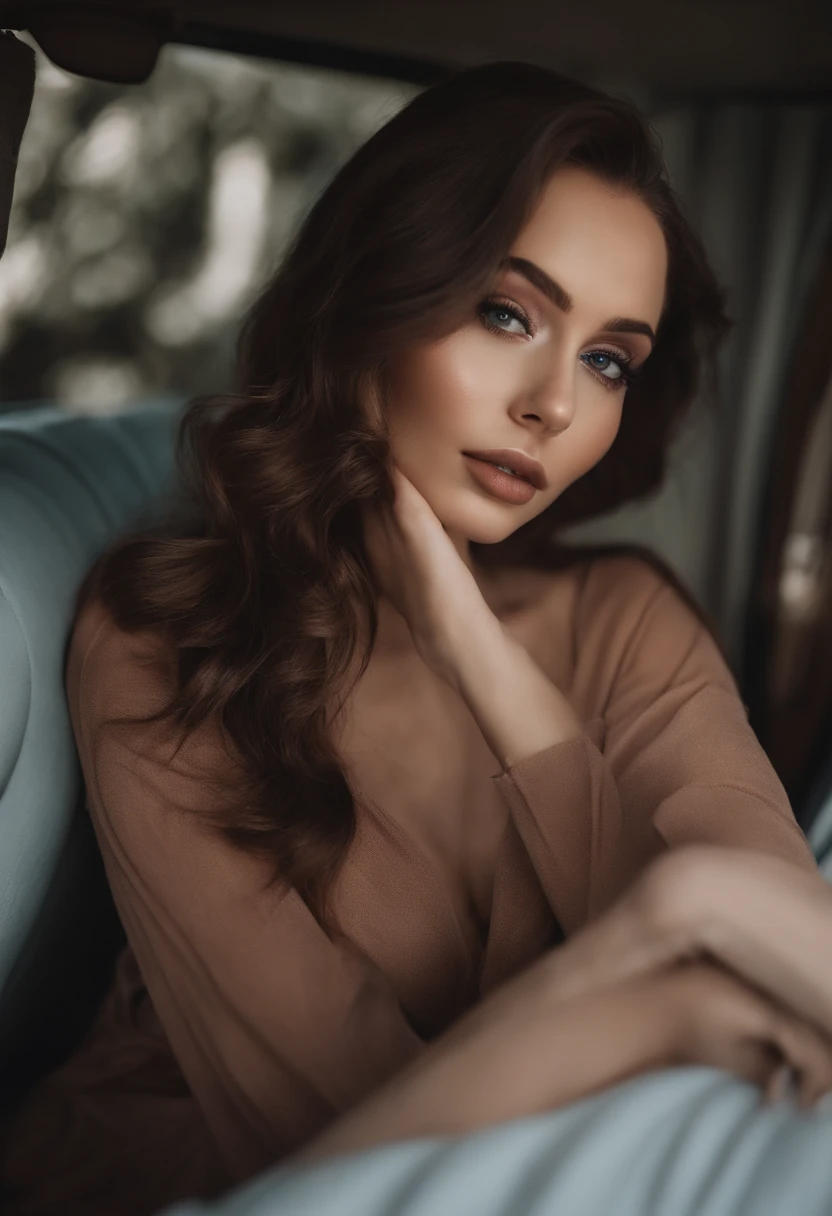 Arafierte Frau mit schwarzer Kleidung, Sexy girl with brown eyes, Portrait of Sophie Mudd, brown hair and big eyes, Selfie einer jungen Frau, Schlafzimmer Augen, Violet Myers, ohne Makeup, natural makeup, direkt in die Kamera schauen, Gesicht mit Artgram, dezentes Make-up, Atemberaubende Ganzgesichtsaufnahme, im Auto,strickkleid