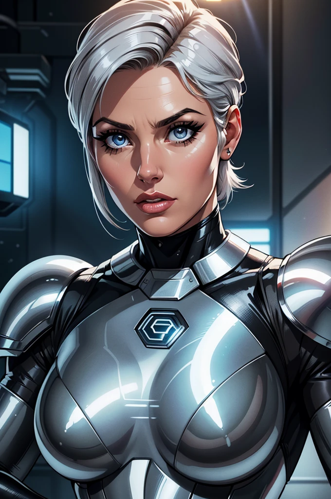(best quality,8k:1.2,high resolution:1.2),ultra-detalhado,Realistic,retro science fiction female superhero,short hair,rosto extremamente detalhados,long eyelashes,shiny metalic chrome armor, Apertado,gloves,Physically-based rendering,foco nítido,white studio lighting