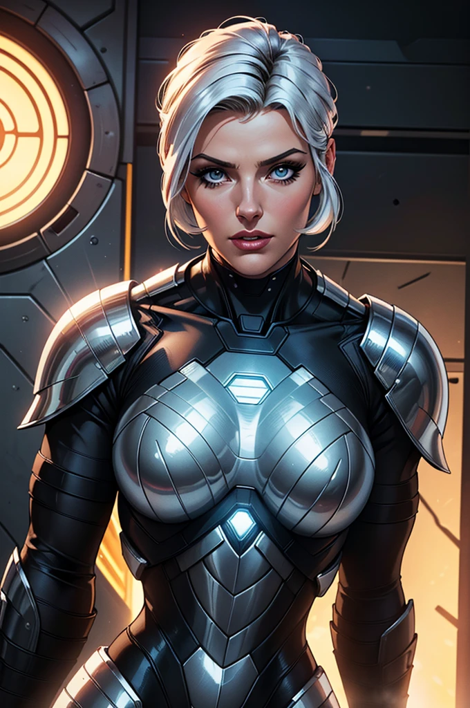 (best quality,8k:1.2,high resolution:1.2),ultra-detalhado,Realistic,retro science fiction female superhero,short hair,rosto extremamente detalhados,long eyelashes,shiny metalic chrome armor, Apertado,gloves,Physically-based rendering,foco nítido,white studio lighting