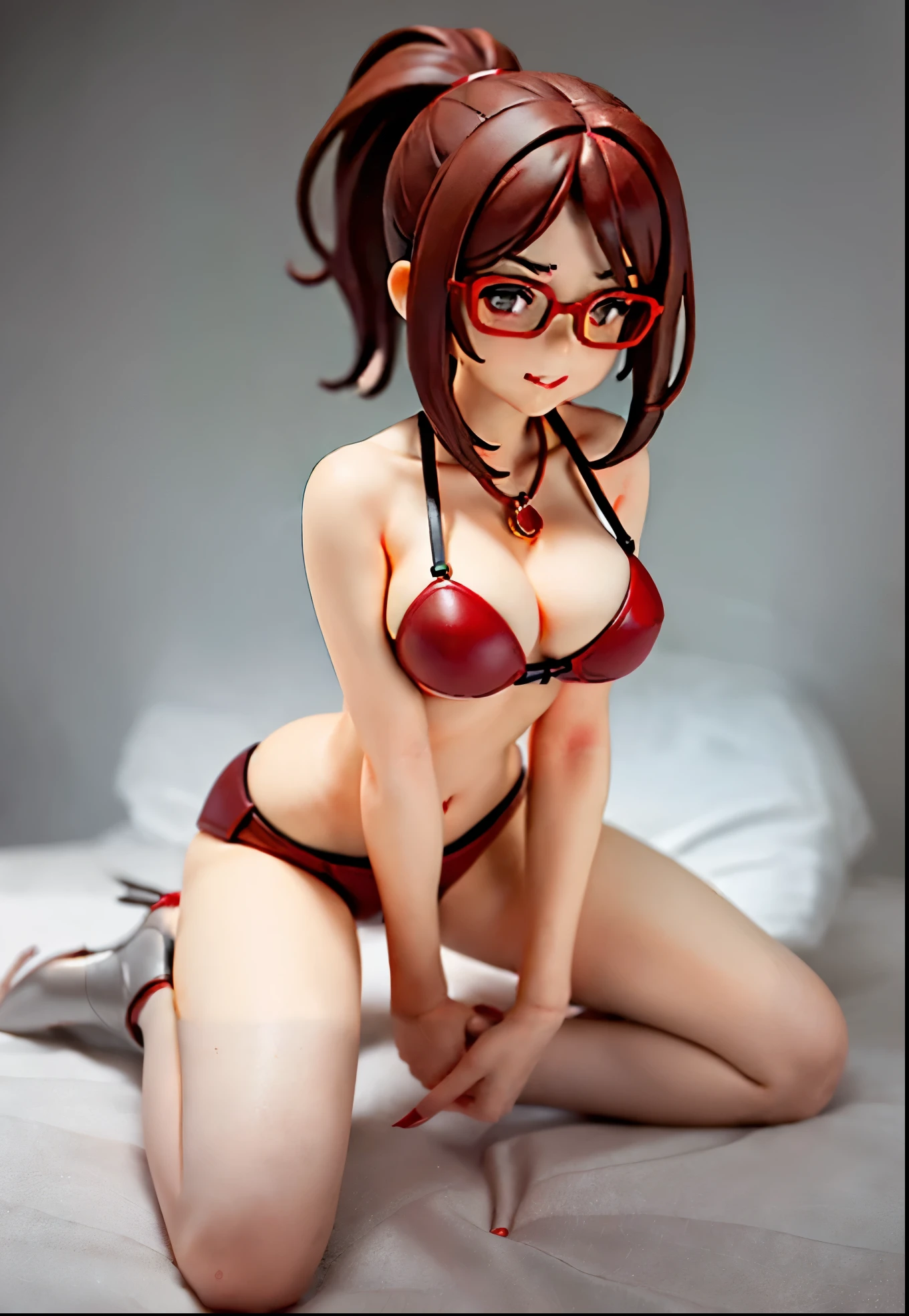  ((a beautiful young pinup woman with dark brown red hair and seductive smile, with a pillow between her legs, kneeling on white satin sheets)), long bob hairstyle, forehead, ((dark red leather bikini)), (red leather shorts), red collar, thong straps, ((thong straps)), smooth body, black frame glasses, ((red high heels)), sapphire pendant necklace, (sexy medium breasts) cherry red lipstick, (beautiful face), hyperdetailed face, (detailed face), detailed eyes, ((grey eyes)), ((hand on knee)), (hair in high ponytail), (expressive eyes), intricate, a masterpiece, natural lighting, 8k character illustration, intense gaze, dynamic composition, epic, exquisite composition, professional photography, canon EOS, sharp focus, bokeh, ambient occlusion, subsurface scattering, narrow depth of field 