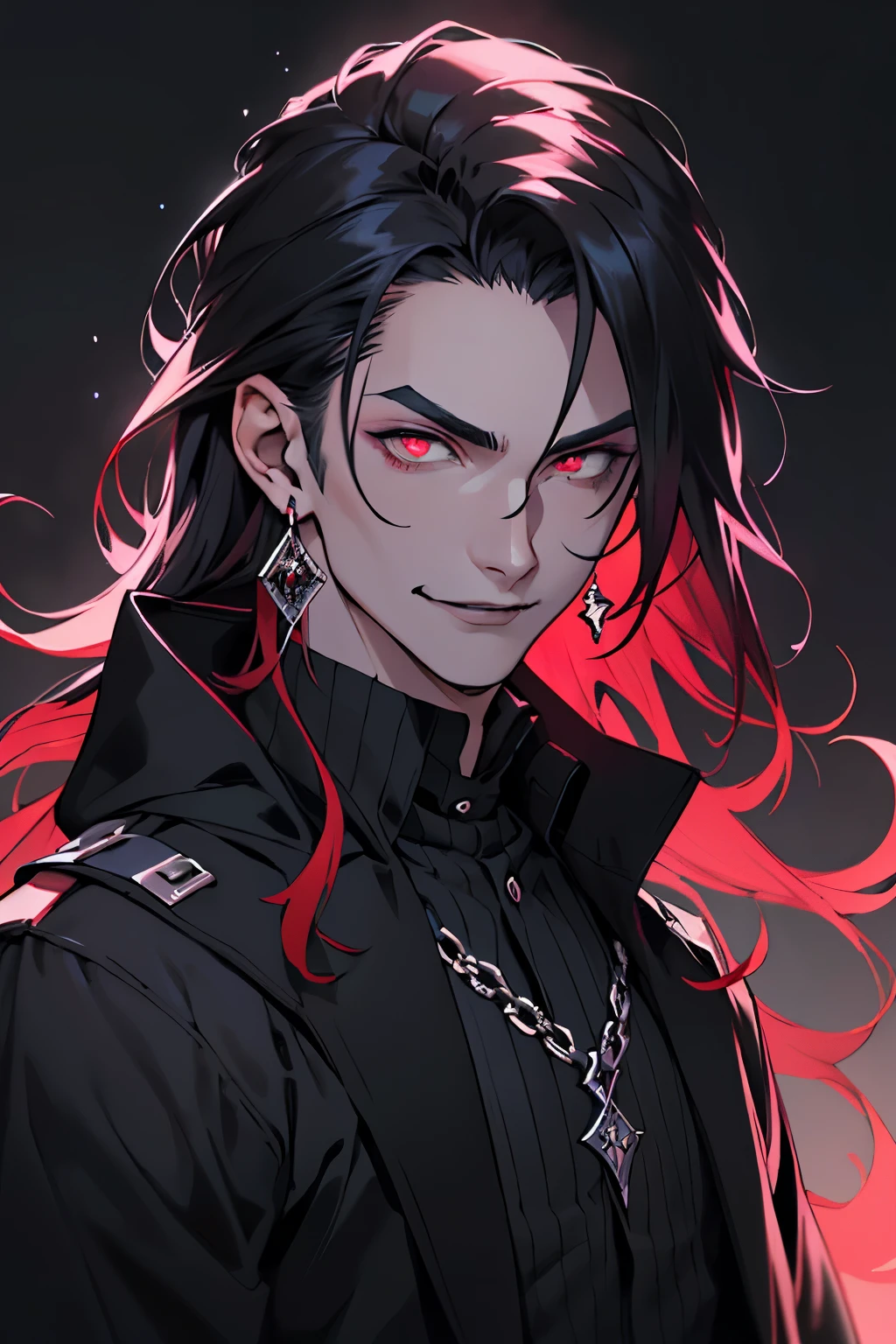 ((Лучшее качество)), ((Шедевр)), (подробный), идеальное лицо, Stunning young man, beautiful fantasy villain, charming dark wizard.
Sharp Asian-European features. Half-body portrait. Young man.
Gothic makeup: black eyeliner, black lipstick. Black lips.
Eye colour crimson. Crimson irises. Red eyes.
Very long wavy black hair.
Two-coloured hair: black to crimson hair colour gradient.
Adorned with ornate black earrings.
Dressed in gothic Victorian clothing.
Evoke a menacing dark wizard vibe, evil smile.
Ensure an intense gaze.
