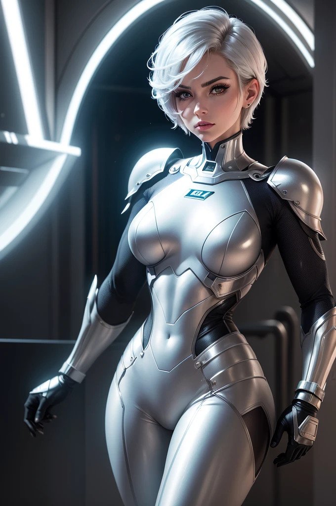 (best quality,8k:1.2,high resolution:1.2),ultra-detalhado,Realistic,retro science fiction female superhero,short hair,rosto extremamente detalhados,long eyelashes,shiny metalic chrome armor, Apertado,gloves,Physically-based rendering,foco nítido,white studio lighting