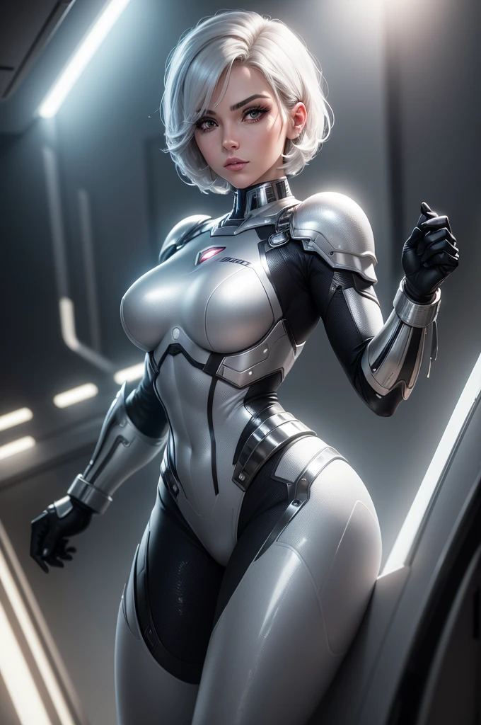 (best quality,8k:1.2,high resolution:1.2),ultra-detalhado,Realistic,retro science fiction female superhero,short hair,rosto extremamente detalhados,long eyelashes,shiny metalic chrome armor, Apertado,gloves,Physically-based rendering,foco nítido,white studio lighting