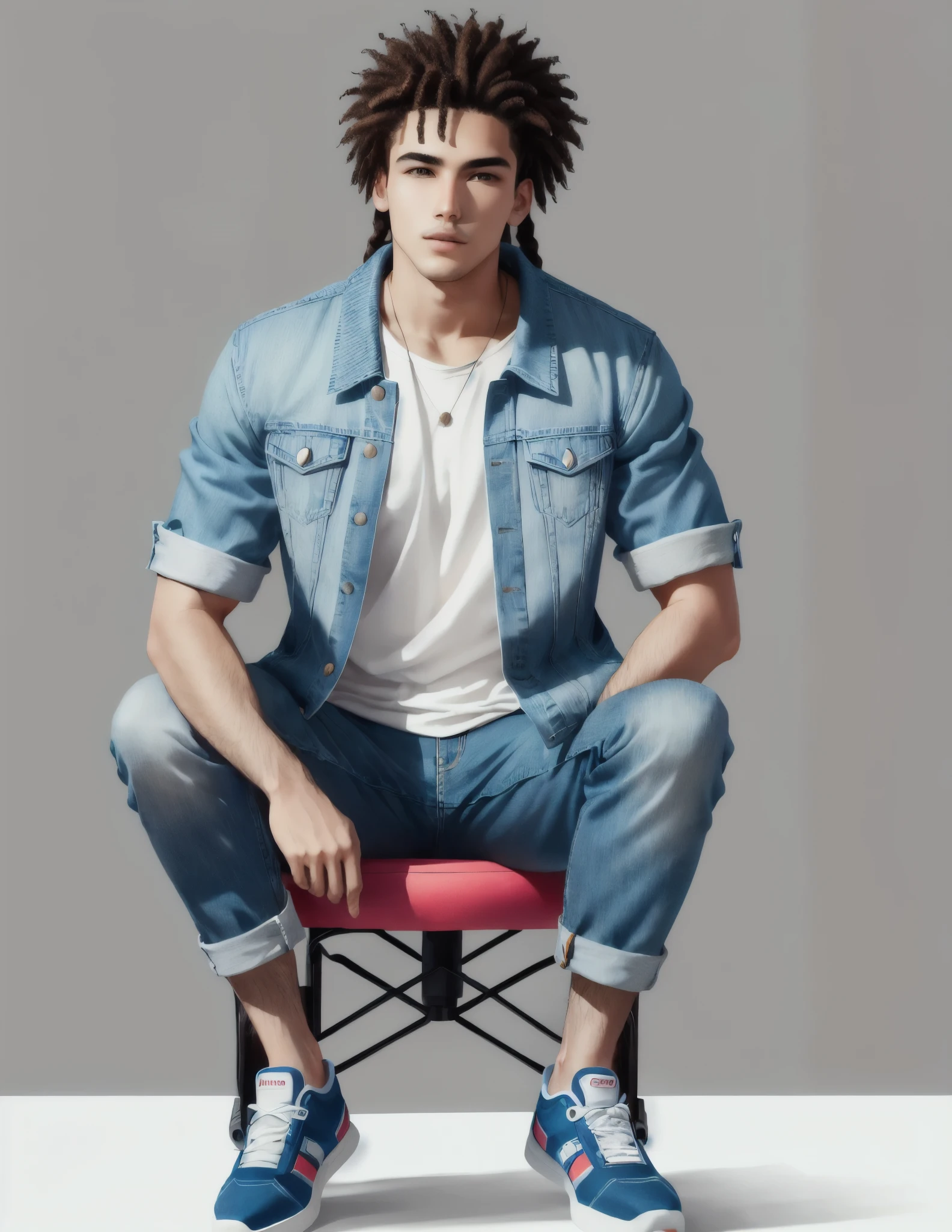 A 29-year-old boy in a wheelchair with beautiful, perfect, braided afro hair. His braids are very long and fall forward. An illustration of an animated character casually sitting on top of an 'Instagram' social media logo. The character should be wearing modern casual clothes, such as a denim jacket and sneakers. The background of the image is a social media profile page with the username 'sajjad' and a corresponding profile picture.