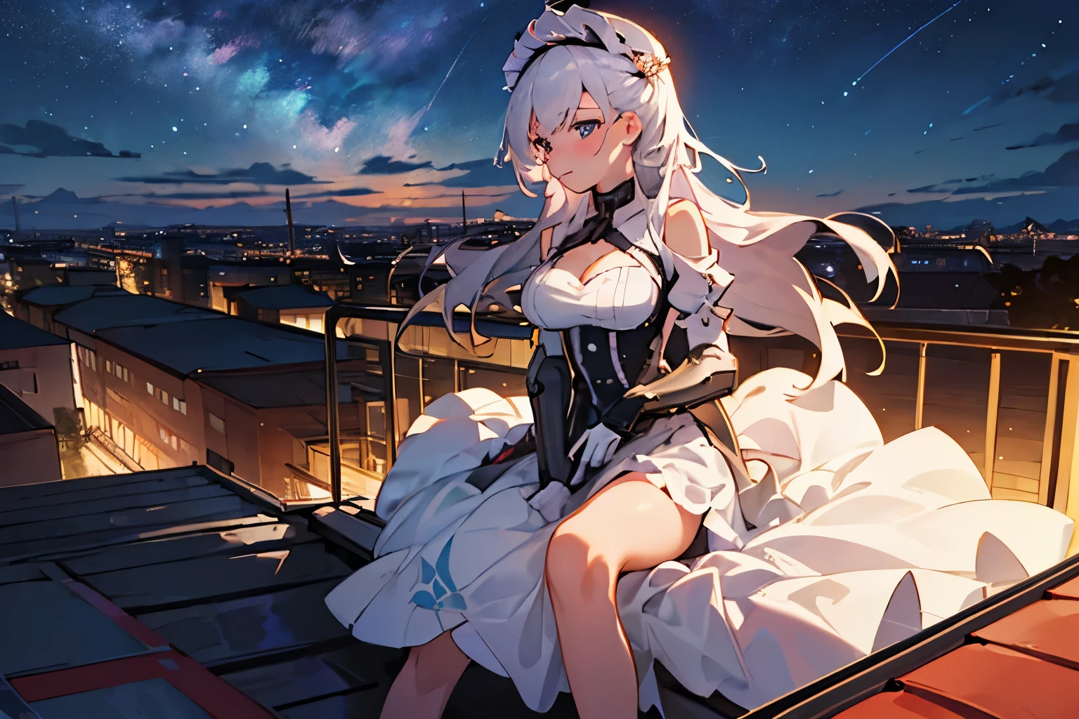 ((Great Quality)), (Detailed), Anime girl, 1 girl, belfast, wearing dress, looking at distance, big breasts, looking away from viewer, sitting on a rooftop, high res, ultra sharp, 8k, masterpiece, ambient, beautiful sky background, view from side, nighttime