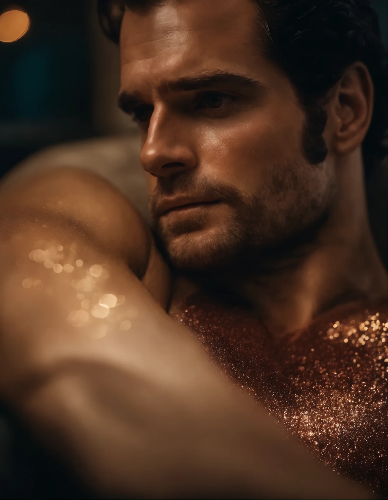 Glitter skin, Euphoria style photo of Henry Cavill, laying down, glitter on his naked body and face, Euphoria colors, photorealistic