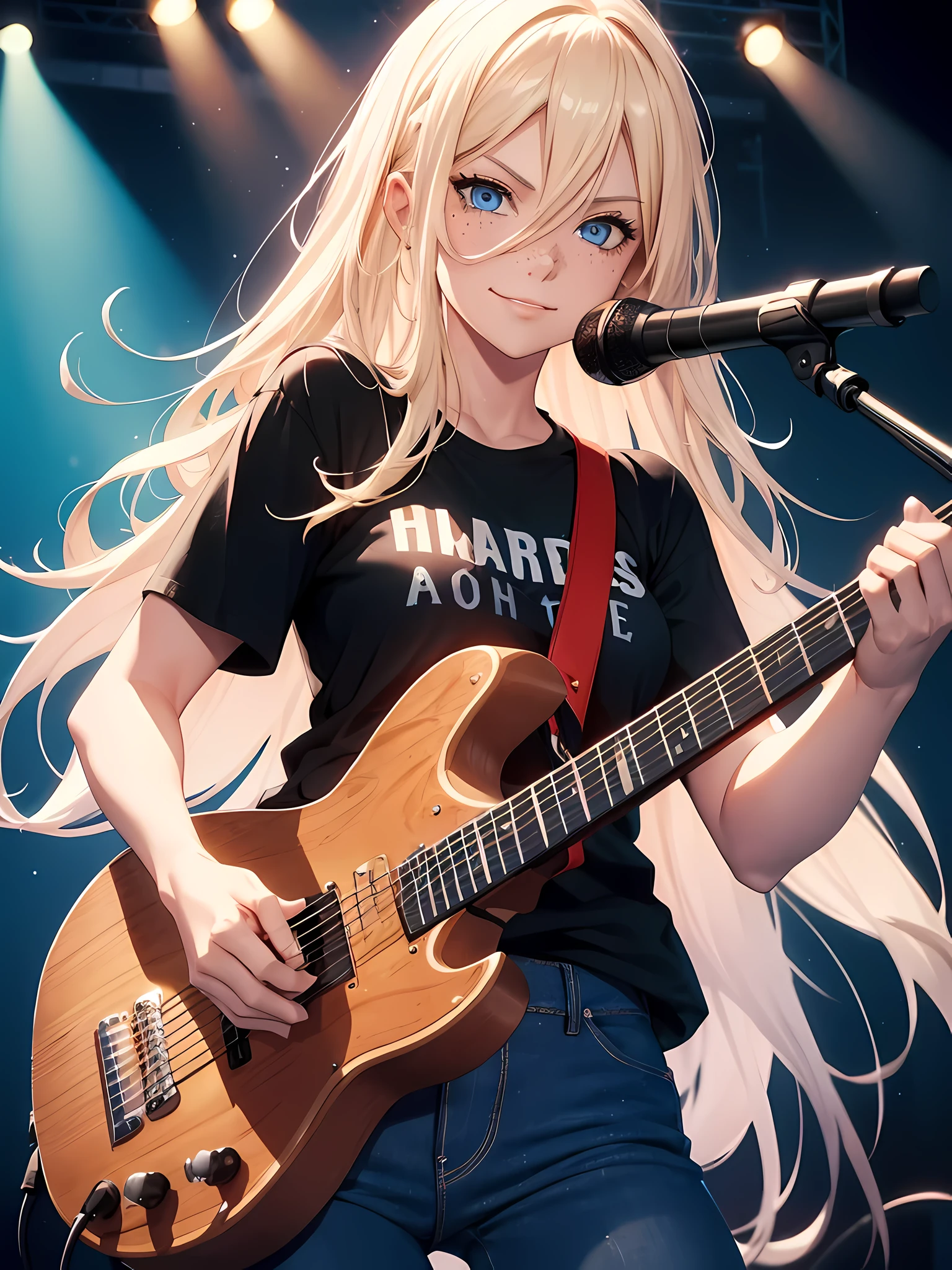 une femme, de longs cheveux blonds, yeux bleus, avait des taches de rousseur, porter un t-shirt noir, porter un pantalon en jean, jouer de la guitare électrique, petit sourire satisfait, Fond de scène, haute résolution, ultra-tranchant, 8K