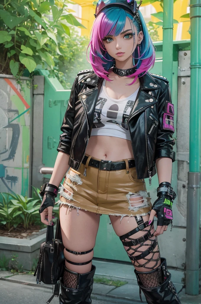 Idols of punk fashion、large full breasts、beautiful foot、、、Green shorts、Good Style、、Black Punk Jacket(Pale green lines)、long boots