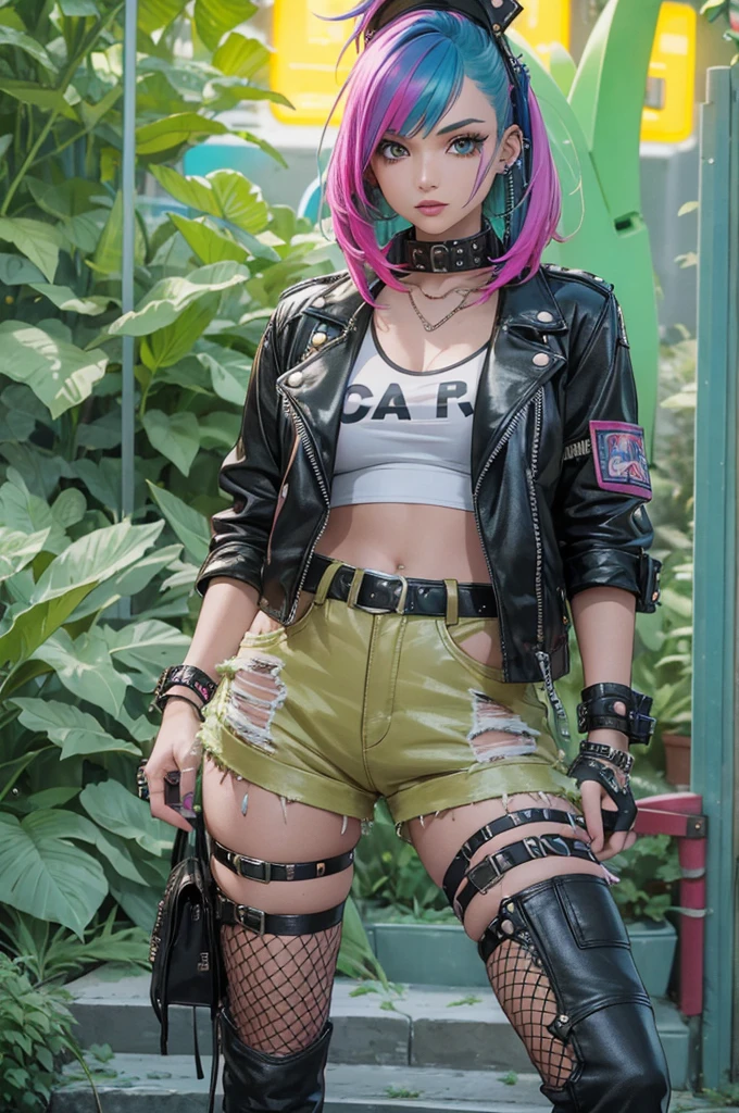 A girl with punk fashion in a NASA themed garden, wearing a leather jacket with studs and patches, along with a denim skirt, fishnet tights, and combat boots. Her hair is dyed with bright colors like neon green and hot pink, styled in messy spikes. She has multiple piercings, including on her nose, eyebrows, and lips. The garden is filled with futuristic elements, such as rocket sculptures, satellite dishes, and futuristic plants with neon colors. The girl is posing confidently, with a rebellious expression on her face. The overall artwork is an ultra-detailed and photorealistic digital illustration, with vivid colors and a high-resolution 4K quality. The lighting in the scene is dramatic, with a mix of natural sunlight and artificial neon lights, creating a punk yet futuristic atmosphere.