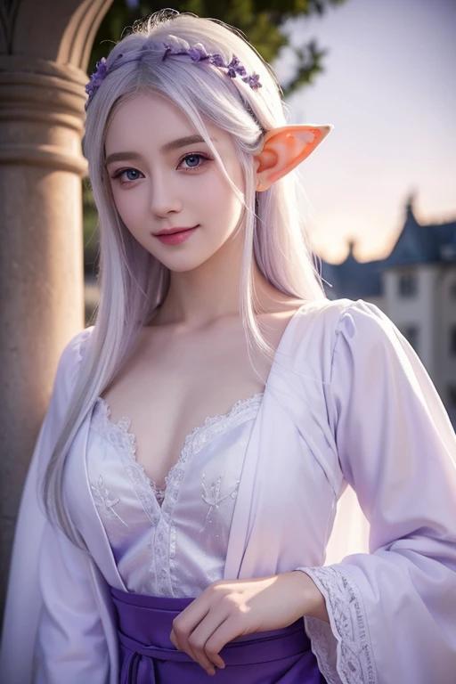 white hair ponytail priestess, green eyes, red lips, green eyes, elf, smiling