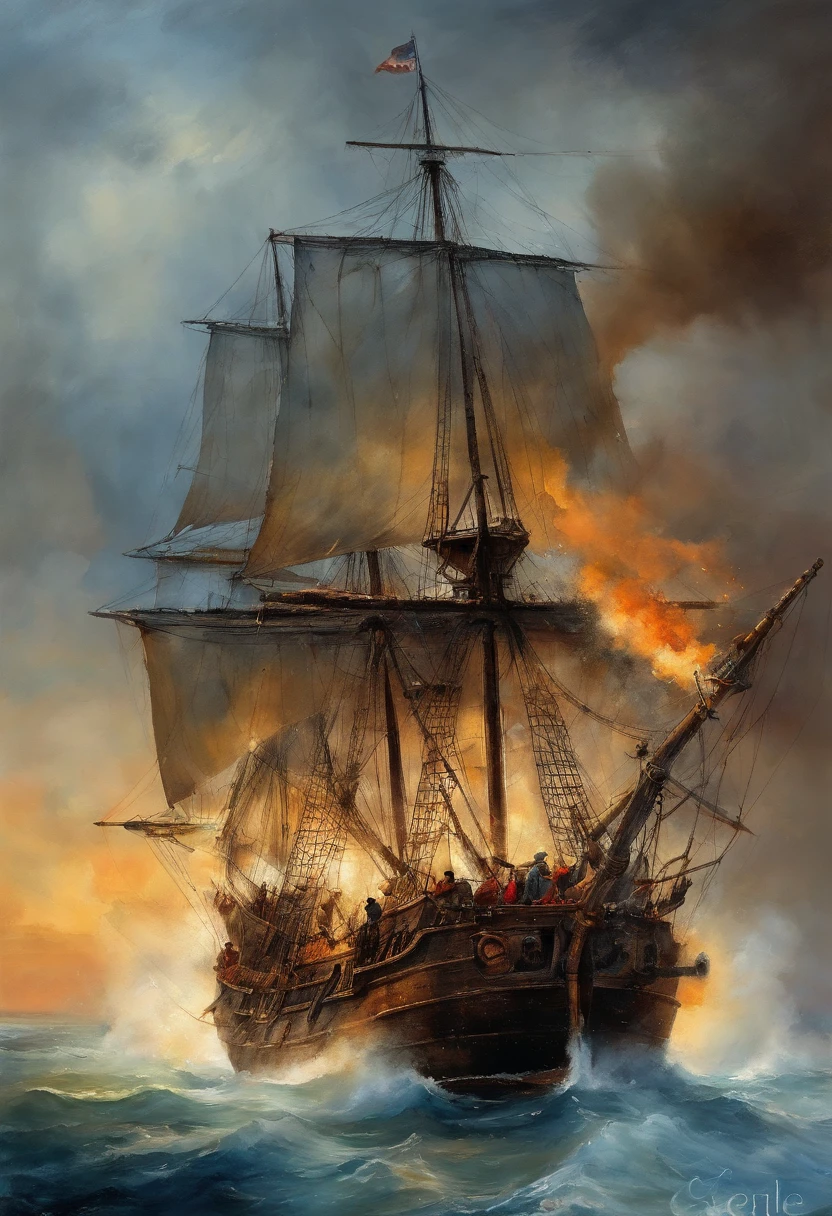 Ilustraciones de Steam, Guerra de barcos piratas, fuego, lluvia, tormenta, Cannons, Olas del mar, nubes azules