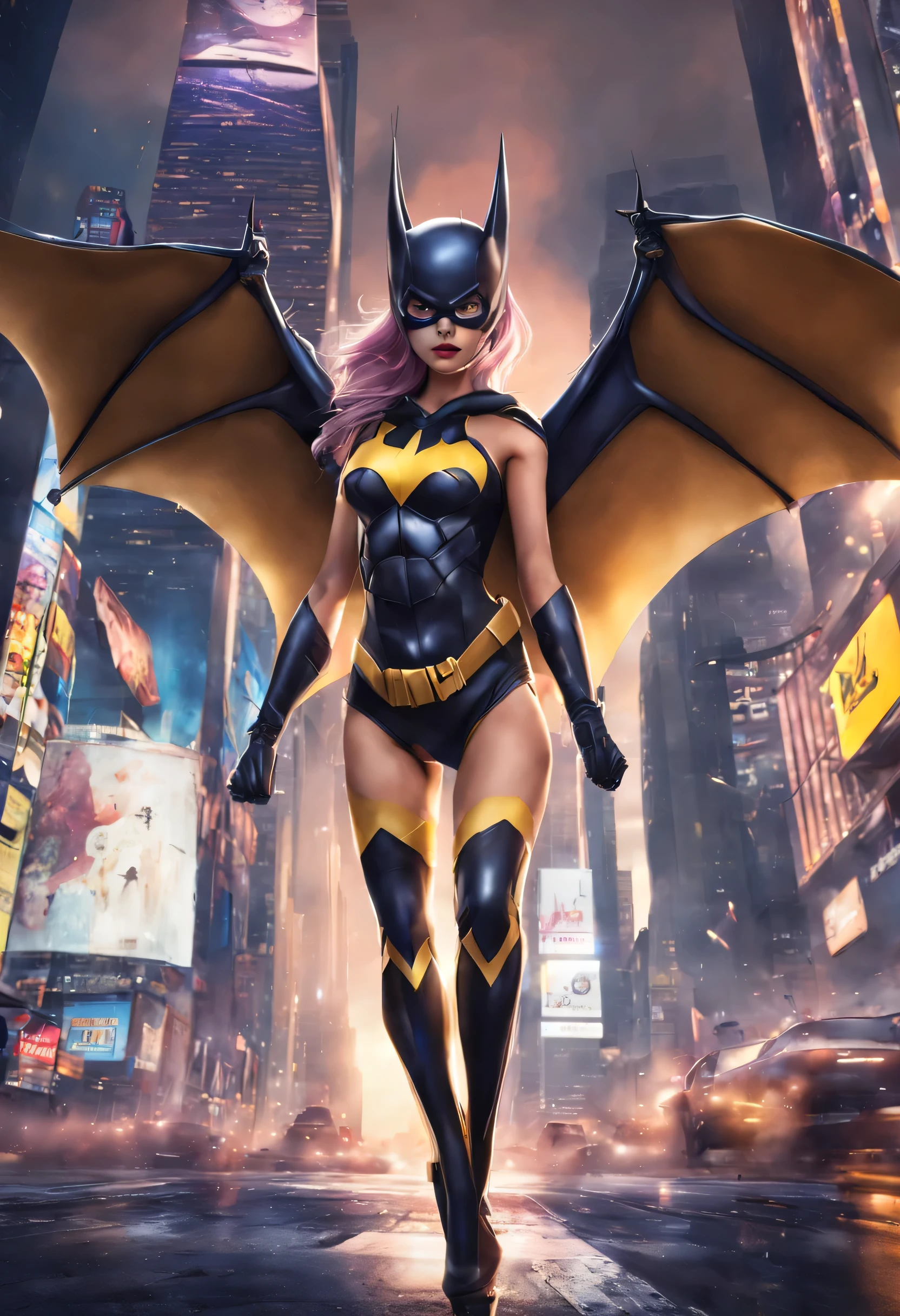 bat girl super heroes, beutiful anime style , 8k, alta qualidade, na times square
