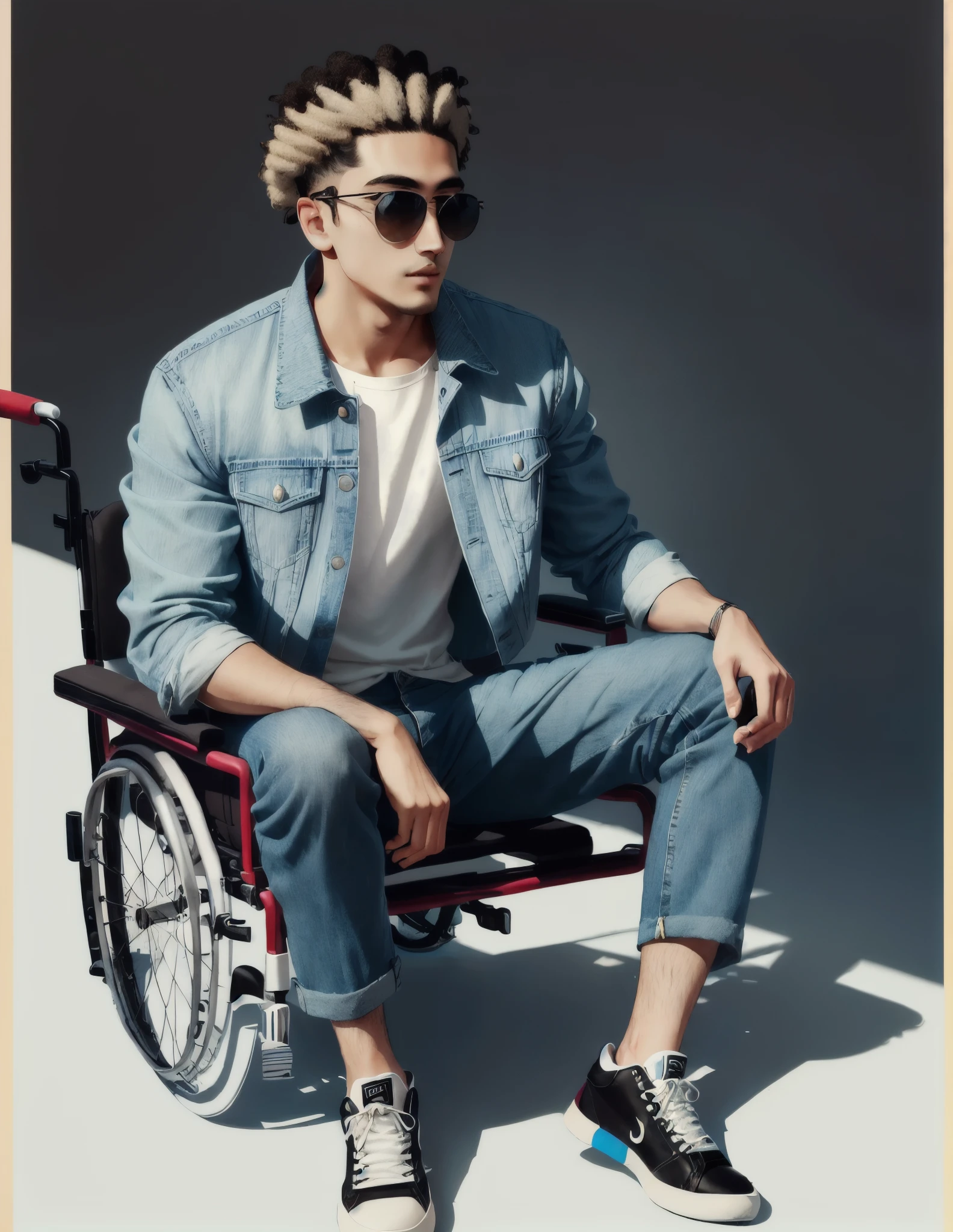 A 29-year-old boy in a wheelchair with beautiful, perfect, braided afro hair. His braids are very long and fall forward. An illustration of an animated character casually sitting on top of an 'Instagram' social media logo. The character should be wearing modern casual clothes, such as a denim jacket and sneakers. The background of the image is a social media profile page with the username 'sajjad' and a corresponding profile picture.
