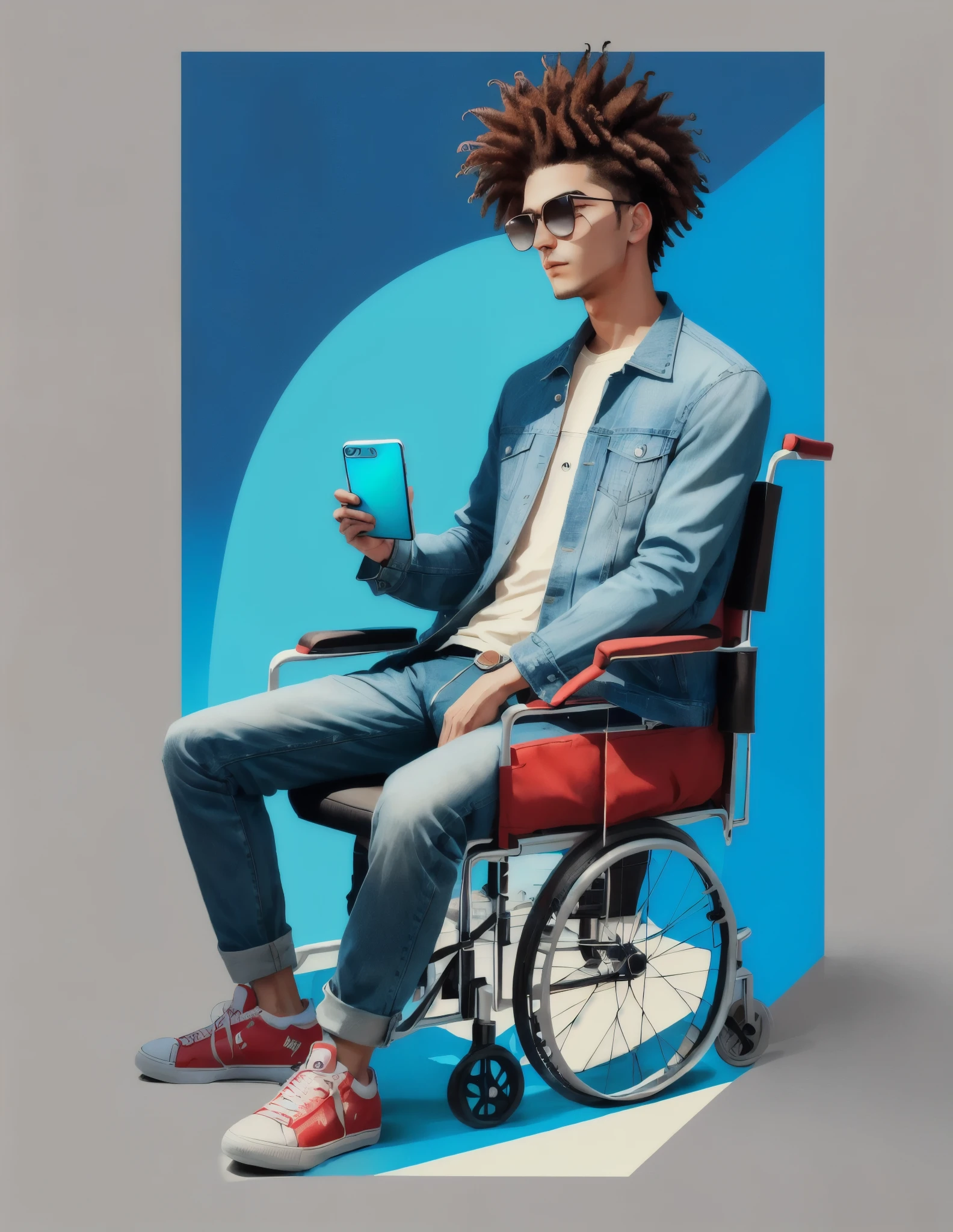 A 29-year-old boy in a wheelchair with beautiful, perfect, braided afro hair. His braids are very long and fall forward. An illustration of an animated character casually sitting on top of an 'Instagram' social media logo. The character should be wearing modern casual clothes, such as a denim jacket and sneakers. The background of the image is a social media profile page with the username 'sajjad' and a corresponding profile picture.