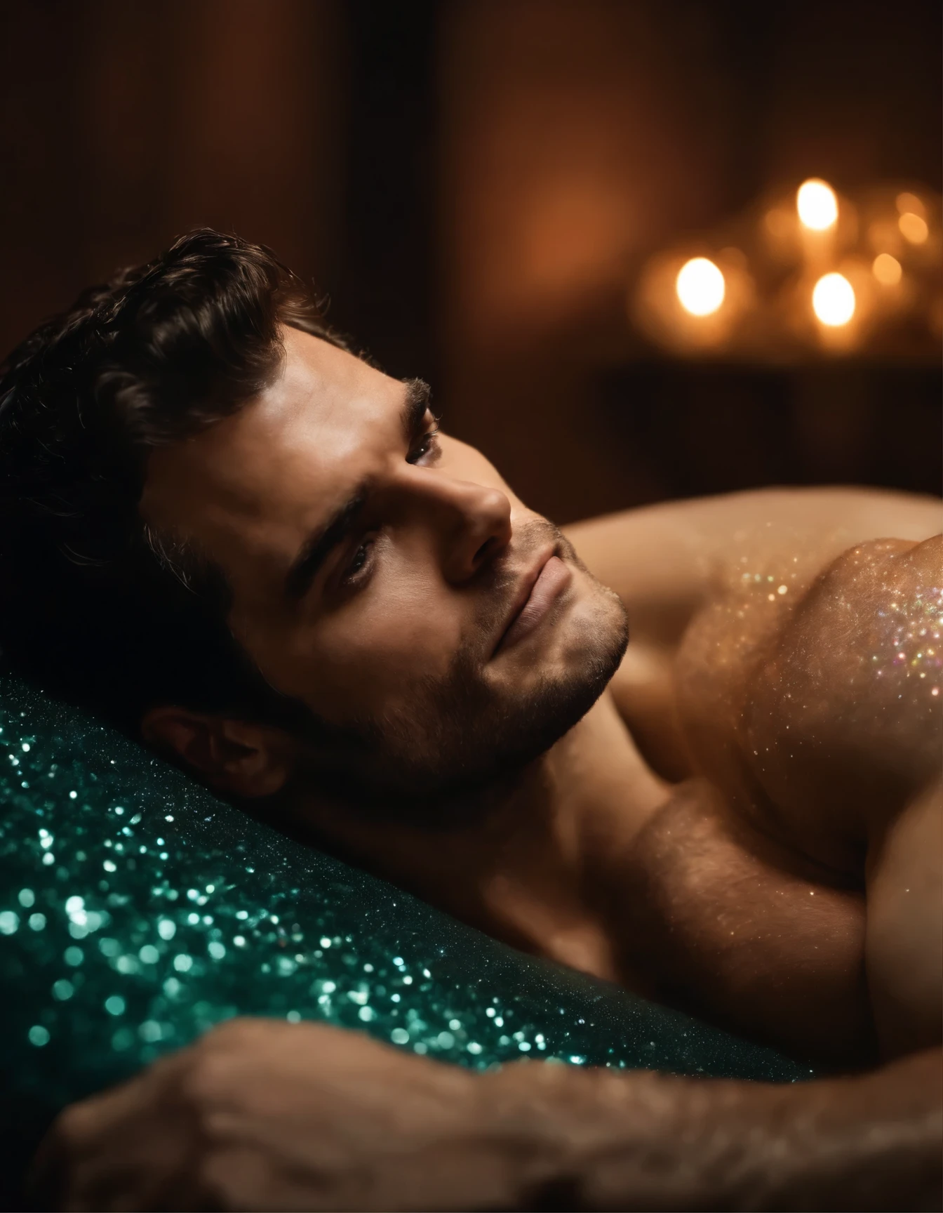 Glitter skin, Euphoria style photo of Henry Cavill, laying down, glitter on his naked body and face, Euphoria colors, photorealistic