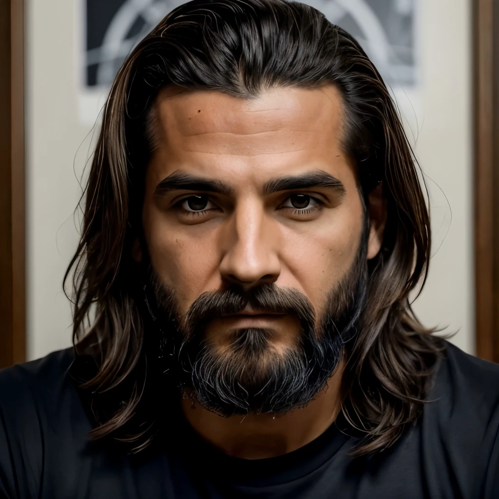 Un hombre de pelo oscuro, Looking directly at the camera, desde la cara hasta el pecho, con una playera. En su cuello, un tatuaje discreto con letras que dicen "KD6-1". will be sitting, with a tired expression and staring at us. The representation will be detailed and realistic.