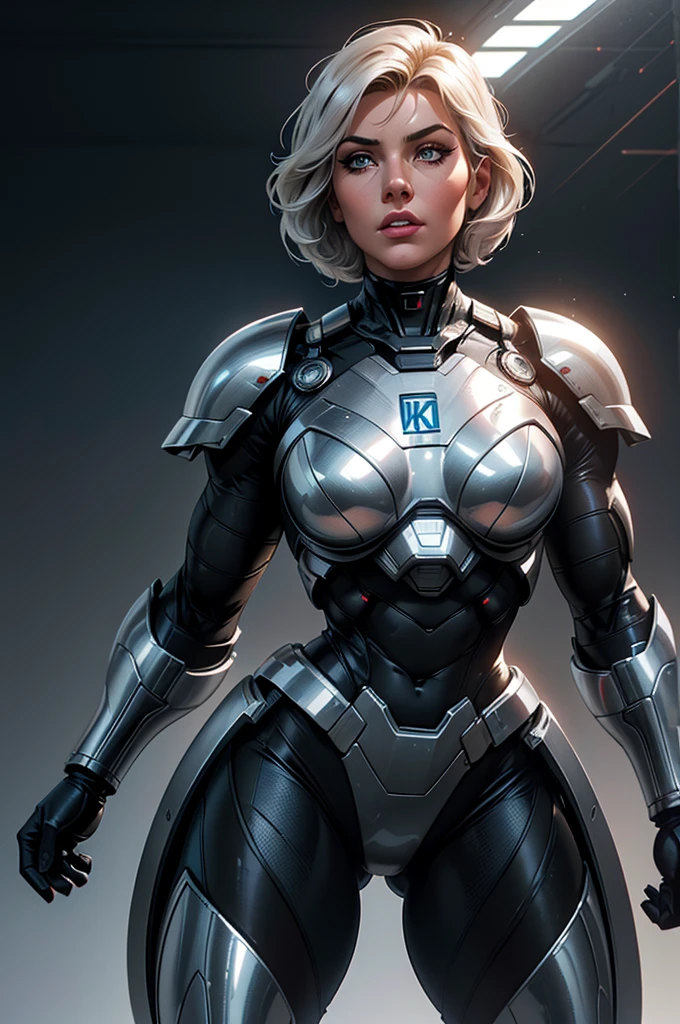 (best quality,8k:1.2,high resolution:1.2),ultra-detalhado,Realistic,retro science fiction female superhero,short hair,rosto extremamente detalhados,long eyelashes,shiny metalic chrome armor, Apertado,gloves,Physically-based rendering,foco nítido,white studio lighting