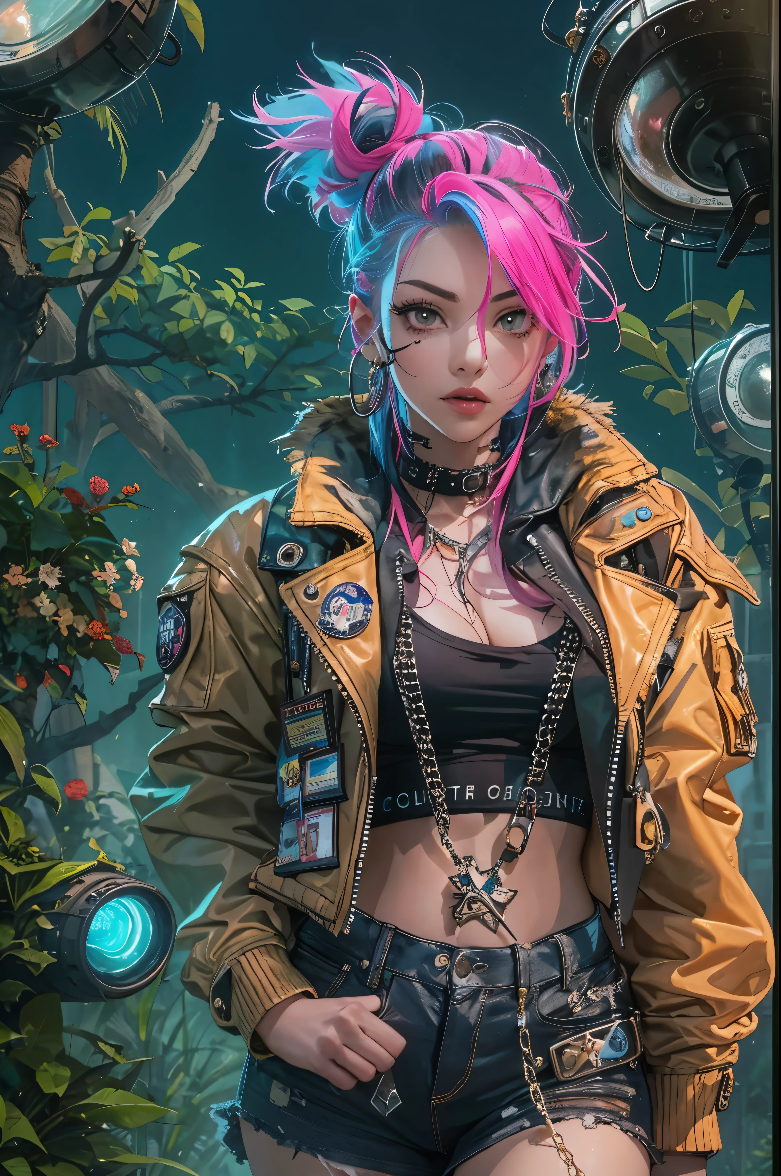 A girl with punk fashion in a NASA themed garden, wearing a leather jacket with studs and patches, along with a denim skirt, fishnet tights, and combat boots. Her hair is dyed with bright colors like neon green and hot pink, styled in messy spikes. She has multiple piercings, including on her nose, eyebrows, and lips. The garden is filled with futuristic elements, such as rocket sculptures, satellite dishes, and futuristic plants with neon colors. The girl is posing confidently, with a rebellious expression on her face. The overall artwork is an ultra-detailed and photorealistic digital illustration, with vivid colors and a high-resolution 4K quality. The lighting in the scene is dramatic, with a mix of natural sunlight and artificial neon lights, creating a punk yet futuristic atmosphere.