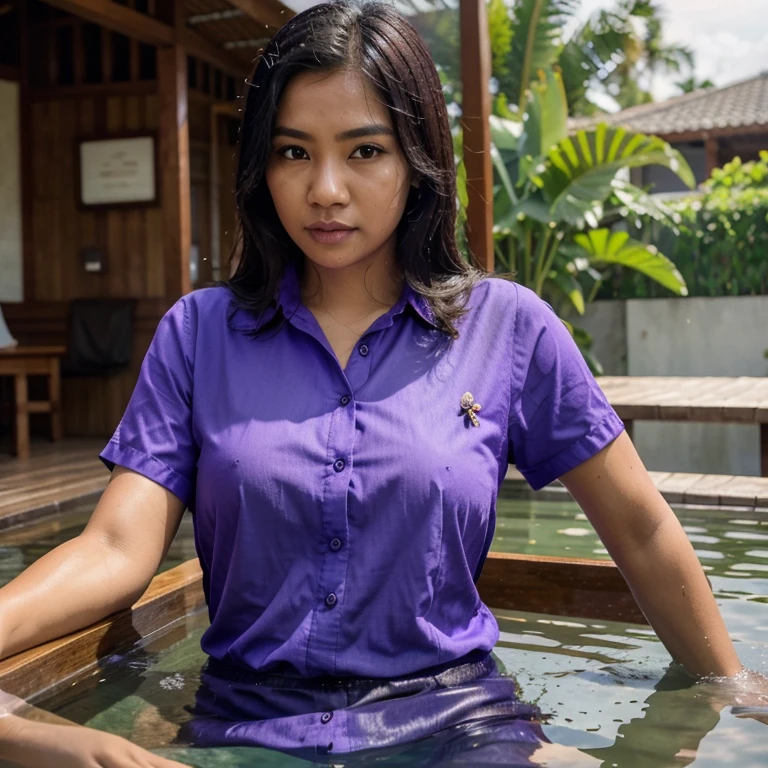 Indonesian woman, appears from the water on the large phone screen that has icons for applications such as WhatsApp, Twitter, phone calls, cameras and Instagram. There is a splash of water around the area where the person appears in the full body, adding a realistic effect to the illusion. Background shows wooden table with purple flower out of focus on left side.realistic,4k ,hd