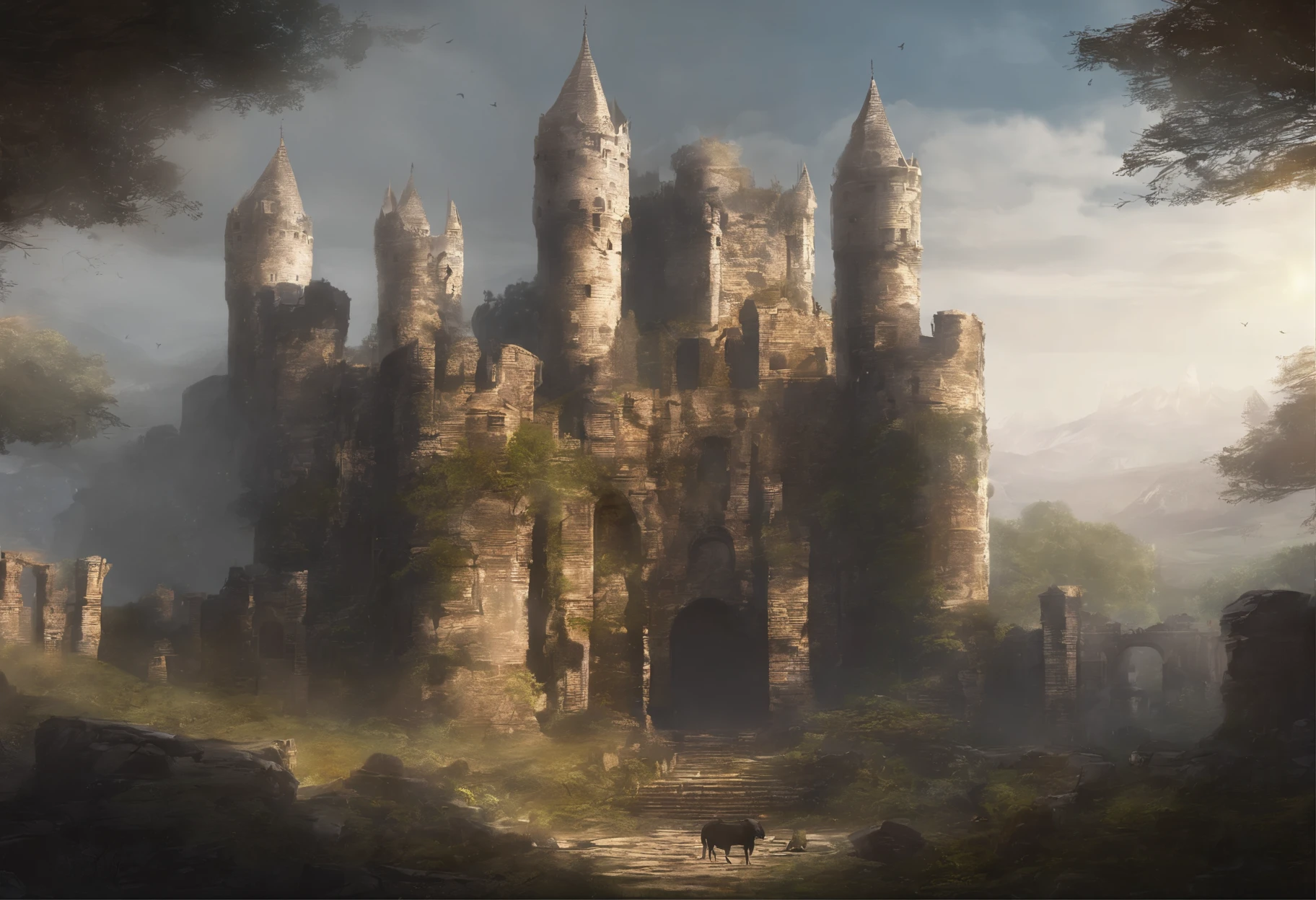 old ruined castle with many round towers and huge lattice gates, (Best Quality, 16K, Masterpiece, UHD, Ultra quality cinematic lighting, Huge detail, Well lit, 35mm, sharp, hyper realistic, epic scale, insane level of details)