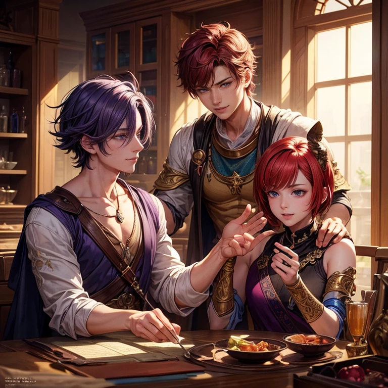 fantastic art of a beautiful male,merchant,21yo,red short hair,beautiful purple eyes,smile,upbeat,young,ikemen,noble,top quality,best picture quality,super masterpiece,super detailed,detailed light,fantastic atmosphere,very delicate and beautiful,highly detailed digital painting,cinematic lighting,8k