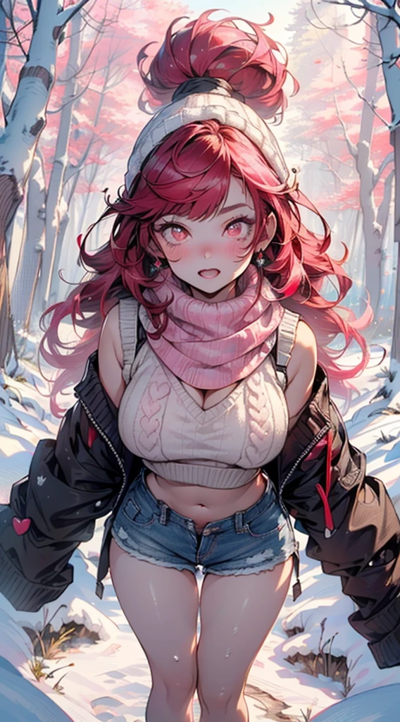 explorer girl,1girl,((extremely cute and beautiful red haired explorer girl)),(((18 years old))),(large breasts:1.4),((((red hair:1.35,absurdly long unkempt hair,ponytail red hair,bangs,colored inner hair,ear breathing)))),(((red_eyes:1.3))),intricate eyes,beautiful detailed eyes,symmetrical eyes,((((lustrous skin:1.5,tanned skin,bright skin:1.5,skin tanned,shiny skin,very shiny skin,shiny body)))),(spider lower abdomen,narrow waist,wide hip,athletic body,inflated legs,thick thighs,detailed body,(detailed face)),((heart pupils:1.5,heart:1.3,hearts:1.3,heart marks:1.3)),(ahegao face:1.5),
cute,slutty,seductive,erotic,(nsfw),
((large white socks:1.5,socks texture must be natural)),((deep V sweater:1.5)),((no bottoms)),((white mittens:1.5,white scarf:1.5),((navel)),((shorts,short shorts,denim shorts)),(((unzipped, open fly))),
(dynamic pose:1.0),embarrassed,(centered,scale to fit dimensions,Rule of thirds),
((snowy pink cherry forest:1.5,pink theme forest:1.5)),winter,scenery:1.25,((intricate scenery)),((snow forest background)),Christmas tree,
(Glossy winter ornaments),highres,sharp focus,(ultra detailed,extremely detailed),(photorealistic artwork:1.37),(extremely detailed CG unity 8k wallpaper),(((vibrant colors,vibrant theme))),(intricate),(masterpiece),(best quality),