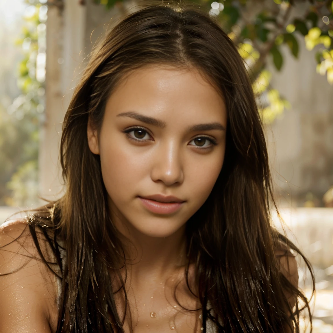 (best quality,realistic:1.37),portrait,(medium:1.1)Jessica Alba,(long hair,beautifully styled),dewy skin,expressive eyes,luscious lips,(wet,natural-looking) pussy,flawless complexion,subtle makeup,golden sunlight,soft shadows,graceful pose,alluring charm,vibrant colors,enhanced details
