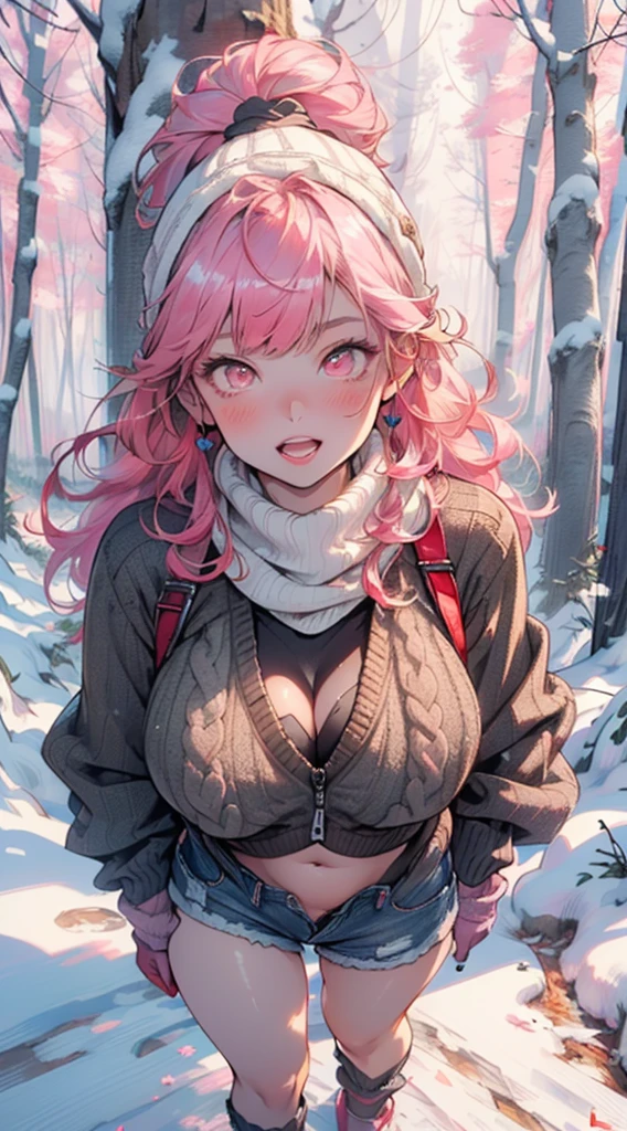 explorer girl,1girl,((extremely cute and beautiful red haired explorer girl)),(((18 years old))),(large breasts:1.4),((((red hair:1.35,absurdly long unkempt hair,ponytail red hair,bangs,colored inner hair,ear breathing)))),(((red_eyes:1.3))),intricate eyes,beautiful detailed eyes,symmetrical eyes,((((lustrous skin:1.5,tanned skin,bright skin:1.5,skin tanned,shiny skin,very shiny skin,shiny body)))),(spider lower abdomen,narrow waist,wide hip,athletic body,inflated legs,thick thighs,detailed body,(detailed face)),((heart pupils:1.5,heart:1.3,hearts:1.3,heart marks:1.3)),(ahegao face:1.5),
cute,slutty,seductive,erotic,(nsfw),
((large white socks:1.5,socks texture must be natural)),((deep V sweater:1.5)),((no bottoms)),((white mittens:1.5,white scarf:1.5),((navel)),((shorts,short shorts,denim shorts)),(((unzipped, open fly))),
(dynamic pose:1.0),embarrassed,(centered,scale to fit dimensions,Rule of thirds),
((snowy pink cherry forest:1.5,pink theme forest:1.5)),winter,scenery:1.25,((intricate scenery)),((snow forest background)),Christmas tree,
(Glossy winter ornaments),highres,sharp focus,(ultra detailed,extremely detailed),(photorealistic artwork:1.37),(extremely detailed CG unity 8k wallpaper),(((vibrant colors,vibrant theme))),(intricate),(masterpiece),(best quality),