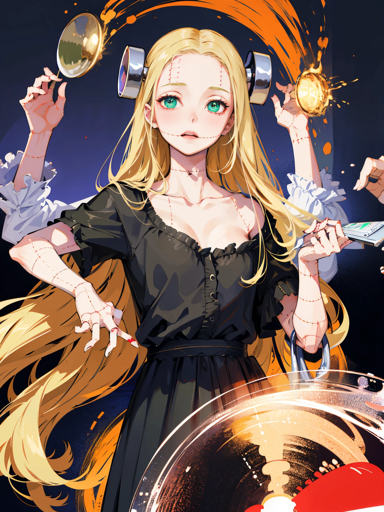 ((masterpiece, best quality)), (1girl), (solo), (female focus), (ash blonde hair, long hair, hair over one eye), green eyes, sad eyes, cold facial expression, cold look, pale skin, colour grading, dark illustration, extreme quality, radiant, extremely detailed, ultra-detailed face, ultra hd 8k, ultra digitality, mythical, dark lightning, perfect face, beautiful, (perfect composition: 1. 4), detailed face and body, award-winning photography , detailed face, detailed hands, looking at the viewer, cinematic lighting, (necromancer), (villain), (masterpiece, best quality, ultra-detailed, best shadow), (beautiful detailed face, feminine features), (best illumination), ((cinematic light)), colorful, hyper detail, dramatic light, intricate details, (dark circle under eyes), decadence, stunning, eerie, (madaraki fran), full frontal, naked body