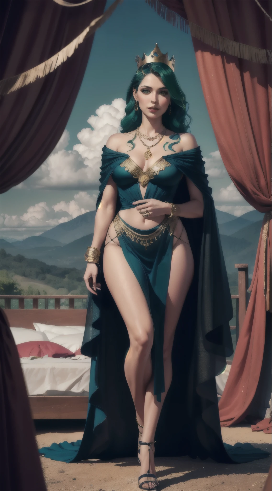 (concept art), masterpiece, best quality, photorealistic, 8k raw photo, a portrait half-body photograph by Tom Bagshaw, tarot card style, [:(detailed face:1.2):0.2], absurdres iris textures, facing viewer, cowboy shot, (photorealistic:1.5), perfect body, 
a beautiful girl pureerosface_v1, smiling, ankle high heels, wearing transparent black off_shoulder_bandage_dress with gold ornaments and crown, necklace, armband, navel ring, transparent heavy lace cloak made of swan feathers, big , green eyes, long legs, long green hair, rim lighting, lying on bed inside a silky luxurious tent, treasure chests, hills, rainforest, blue sky, clouds, sun style-hamunaptra, DarkFantasy