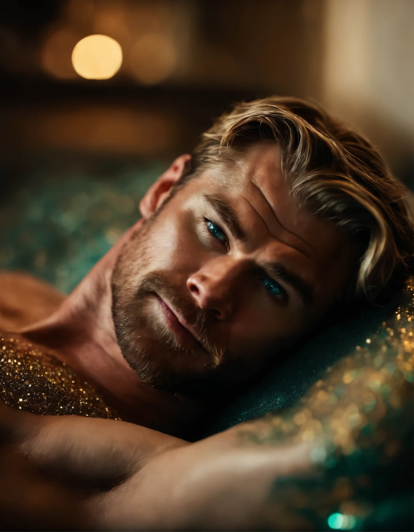 Glitter skin, Euphoria style photo of Chris Hemsworth, laying down, glitter on his naked body and face, Euphoria colors, photorealistic