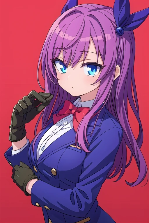 ((best quality)), ((masterpiece)), (detailed), perfect face, Anime girl, long Purple hair, Blue eyes, Formal attire, gloves