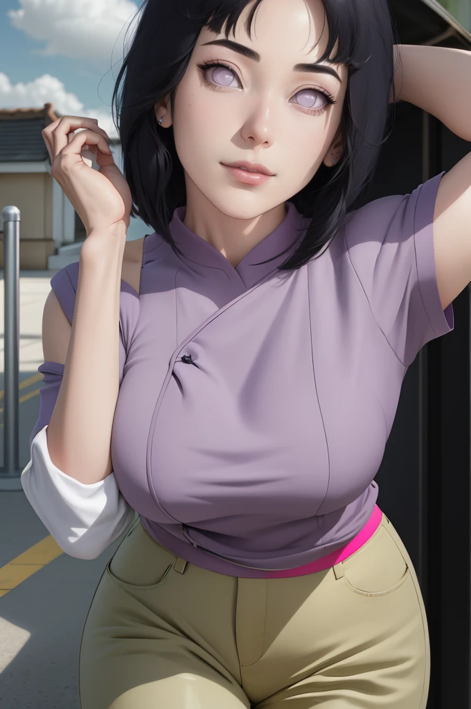 master part, absurdos, Hinata\(Boruto\), 1girl, sozinho,Mature female, Capuz roxo,mangas em camadas, brown pants, ao ar livre, Cloudy sky, perfect composition, circunstanciado lips, peito grande, beautiful face, body propotion, corar, (pink lips), cabelos pretos curto (black hair), lilac eyes, olhar suave, super realistic, circunstanciado, Photo Session, rosto e corpo realistas, Realistic hair, olhos realistas, nariz realista, realistic lips, brown pants, anime, Dancing lightly. On your back, with your chin under your shoulder, looking back sensually, sexy smile, closed mouth. Different Pose.