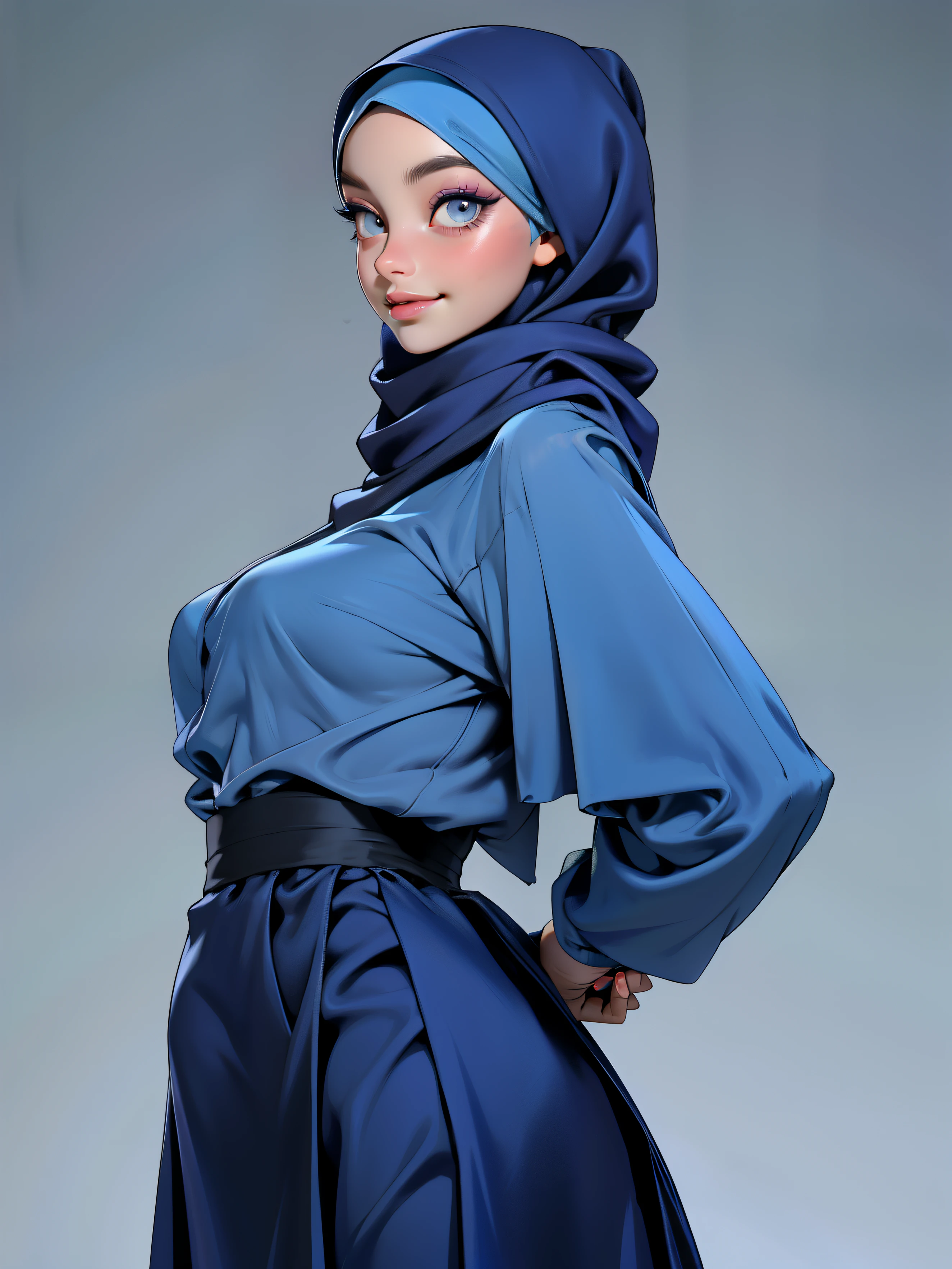 3dmm style, Masterpiece, realistic, best quality, best lighting, beautiful mature Czech woman, 1 girl photo solo, beautifully makeup, eyeshadow, Parted Lips, Detailed Eyes, beautiful big eyes, long eye lashes, dimples on the cheeks, smile, wearing ((Dark blue satin hijab)), loosely tide hijab style, ((gray satin shirt and satin long skirt)), ((front view)), (close up portrait), front view, standing straight, facing the viewer.