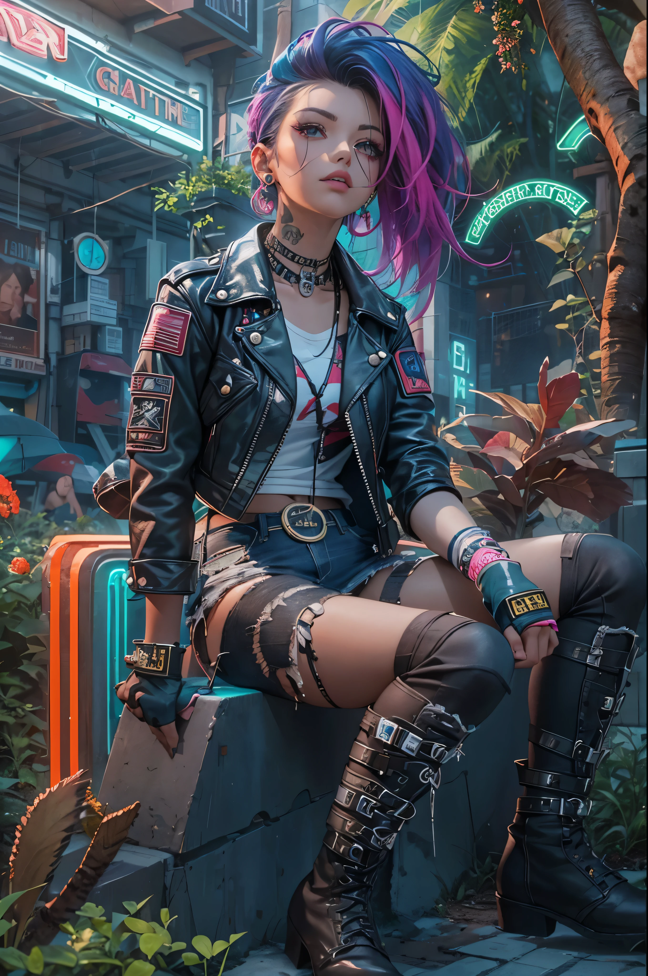 A girl with punk fashion in a NASA themed garden, wearing a leather jacket with studs and patches, along with a denim skirt, fishnet tights, and combat boots. Her hair is dyed with bright colors like neon green and hot pink, styled in messy spikes. She has multiple piercings, including on her nose, eyebrows, and lips. The garden is filled with futuristic elements, such as rocket sculptures, satellite dishes, and futuristic plants with neon colors. The girl is posing confidently, with a rebellious expression on her face. The overall artwork is an ultra-detailed and photorealistic digital illustration, with vivid colors and a high-resolution 4K quality. The lighting in the scene is dramatic, with a mix of natural sunlight and artificial neon lights, creating a punk yet futuristic atmosphere.