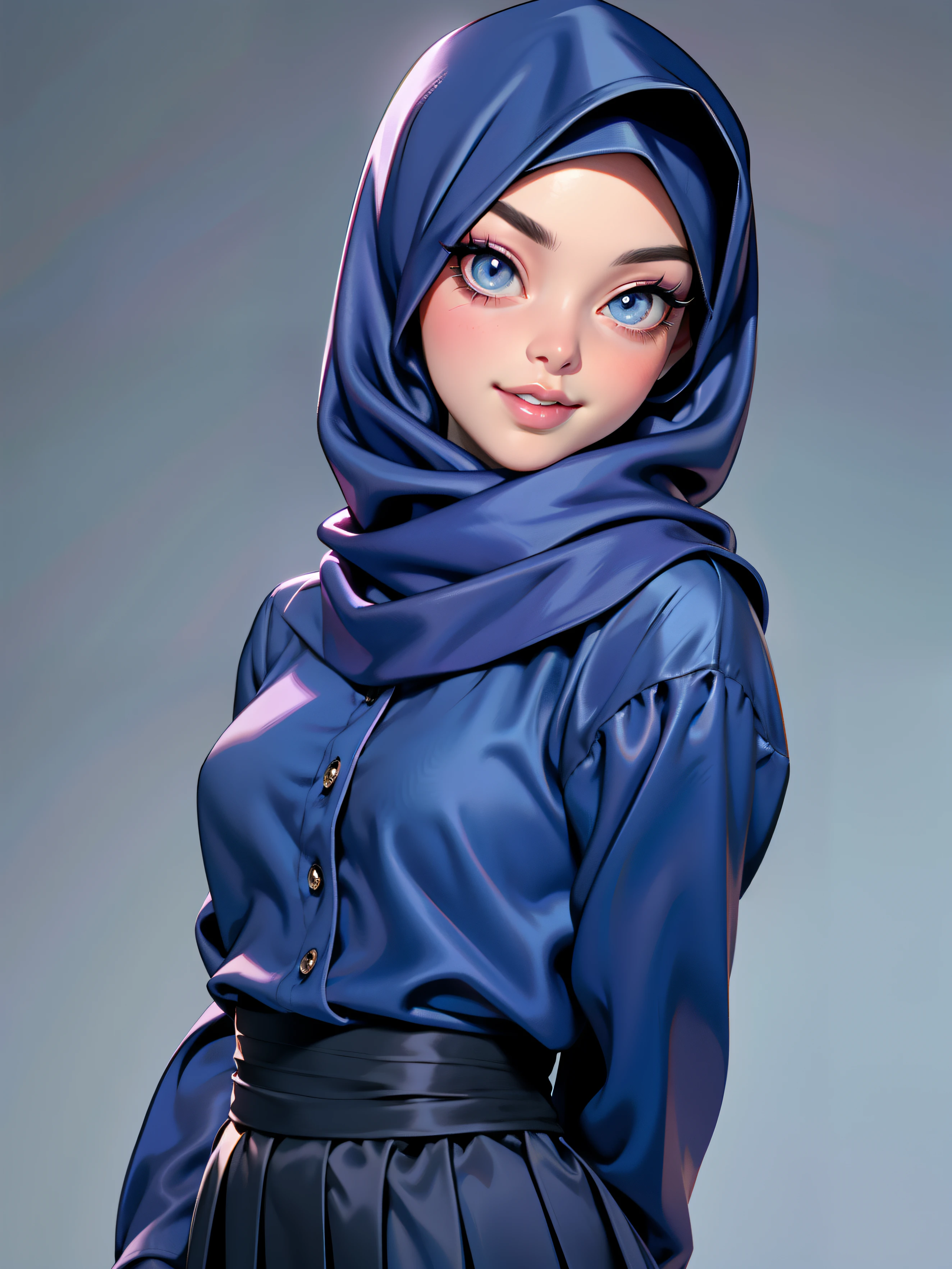 3dmm style, Masterpiece, realistic, best quality, best lighting, beautiful mature Czech woman, 1 girl photo solo, beautifully makeup, eyeshadow, Parted Lips, Detailed Eyes, beautiful big eyes, long eye lashes, dimples on the cheeks, smile, wearing ((Dark blue satin hijab)), loosely tide hijab style, ((gray satin shirt and satin long skirt)), ((front view)), close up portrait, facing viewer