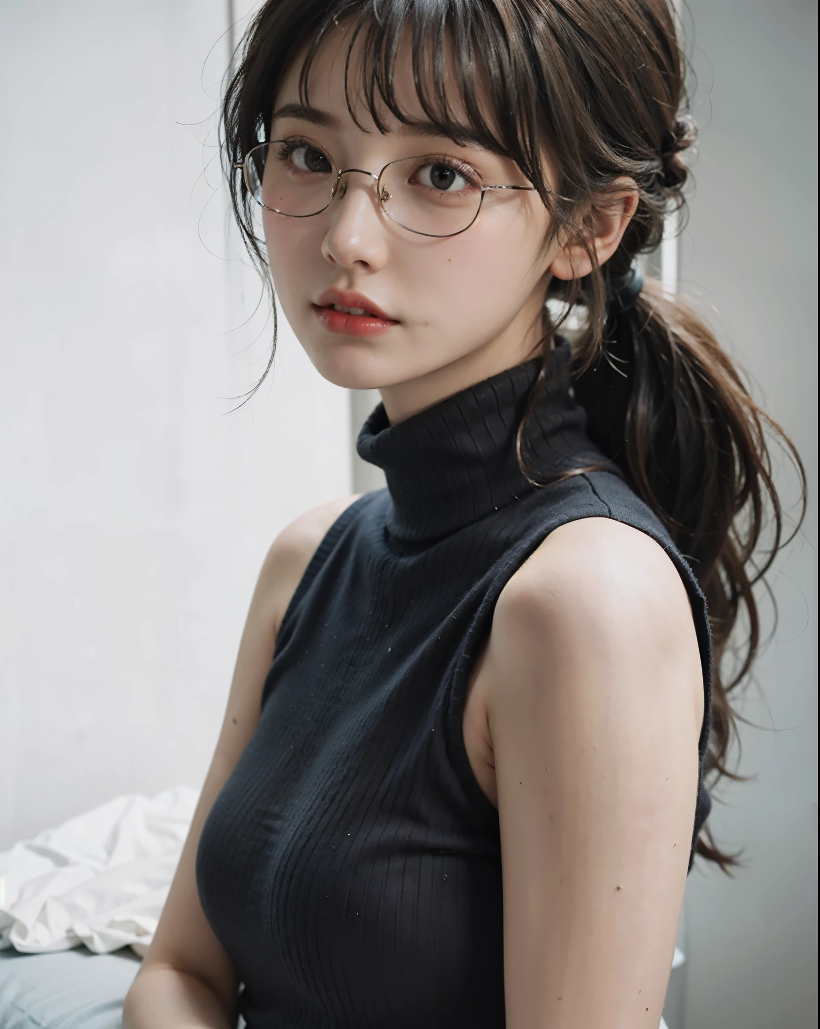 1girl, bangs, bare shoulders, black hair, breasts, grey background, lips, long hair, looking at viewer, medium breasts, photo \(medium\), ponytail, realistic, sleeveless, sleeveless turtleneck, solo, turtleneck, upper body,  BREAK Top quality, one beautiful woman, 20 years old, 35mm lens, f/1, dark brown eyes, glasses, braids, black hair, pale skin, medium chest, slendar body    