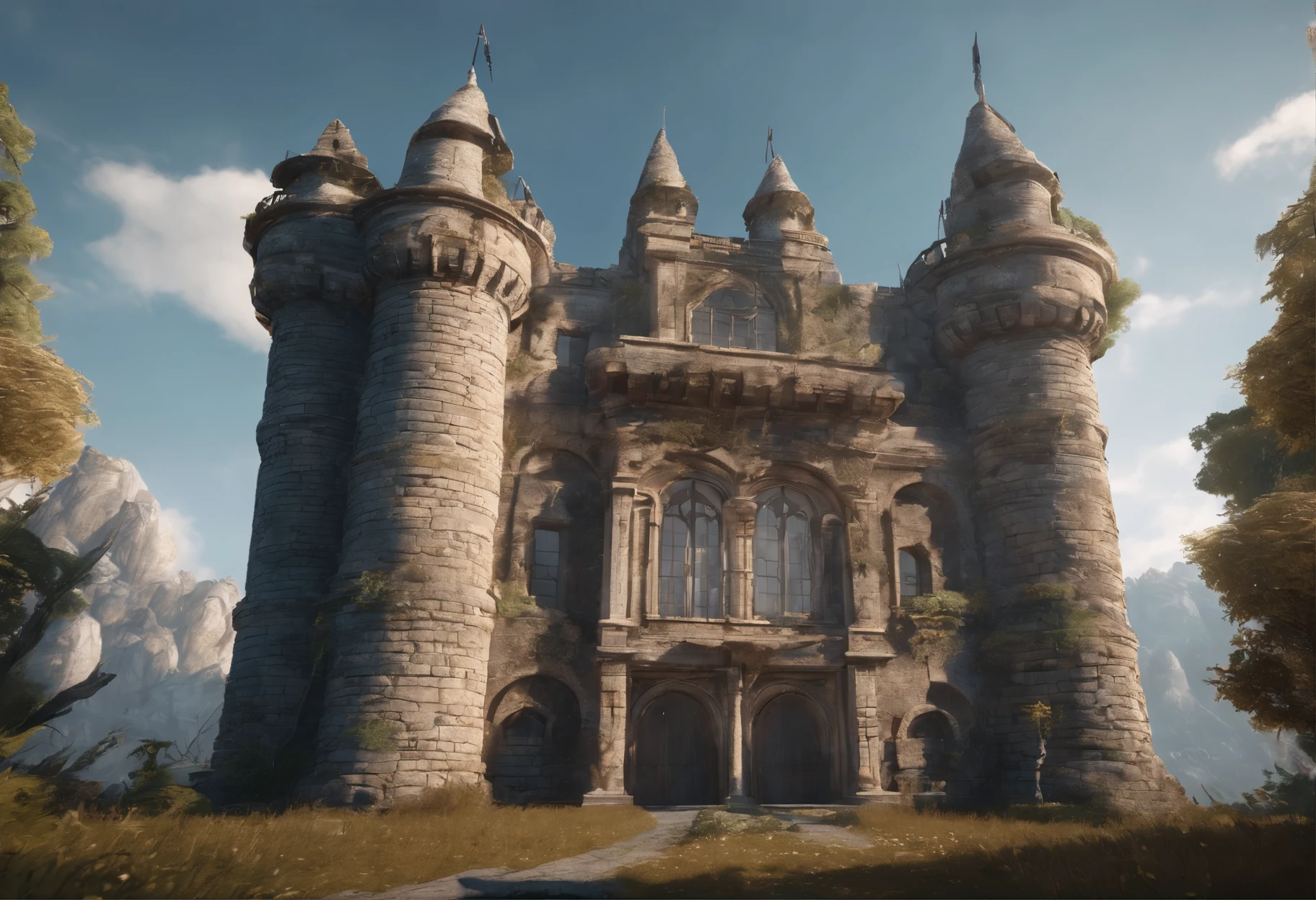 old ruined castle with many round towers and huge lattice gates, (Best Quality, 16K, Masterpiece, UHD, Ultra quality cinematic lighting, Huge detail, Well lit, 35mm, sharp, hyper realistic, epic scale, insane level of details)