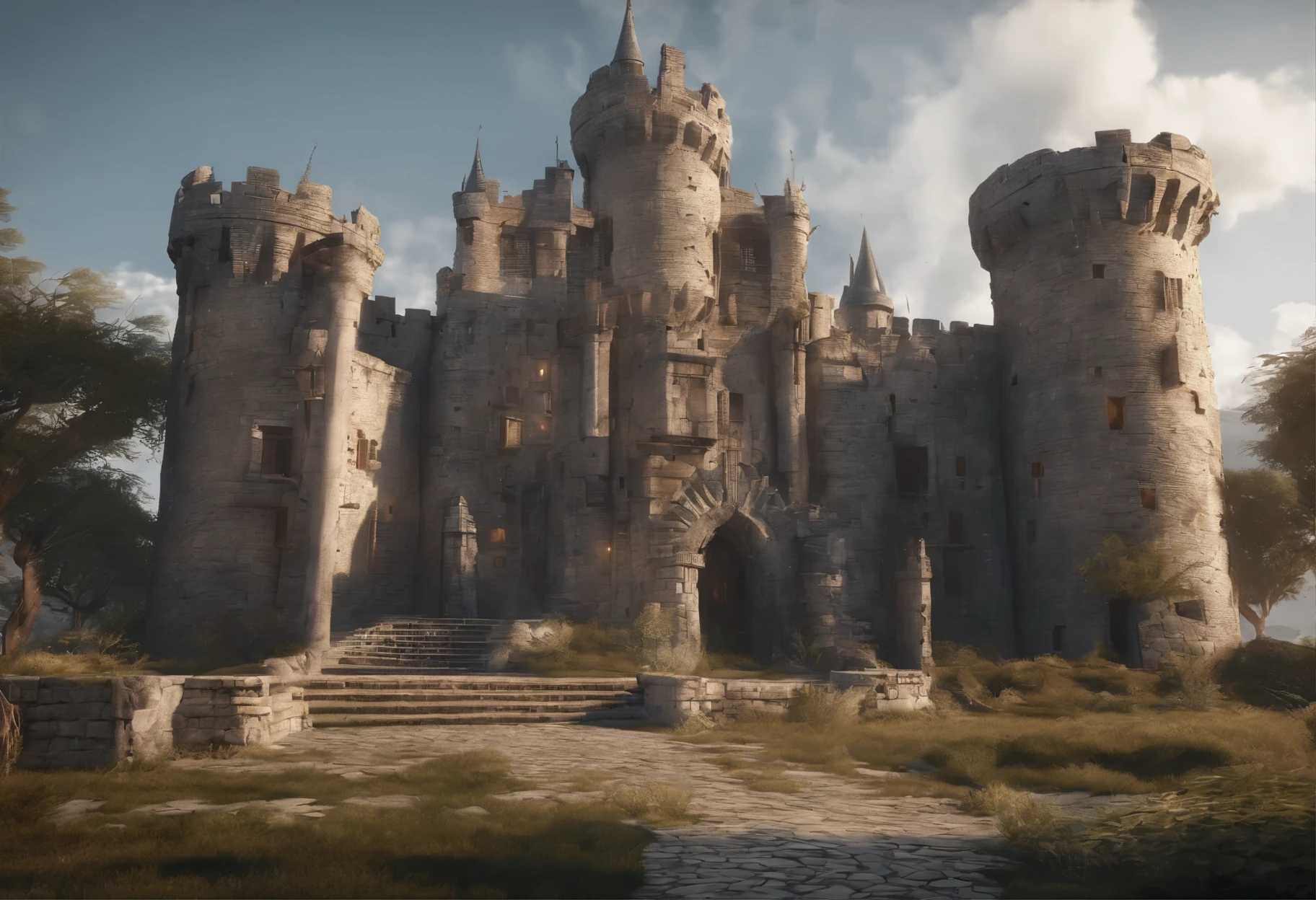 old ruined castle with many round towers and huge lattice gates, (Best Quality, 16K, Masterpiece, UHD, Ultra quality cinematic lighting, Huge detail, Well lit, 35mm, sharp, hyper realistic, epic scale, insane level of details)