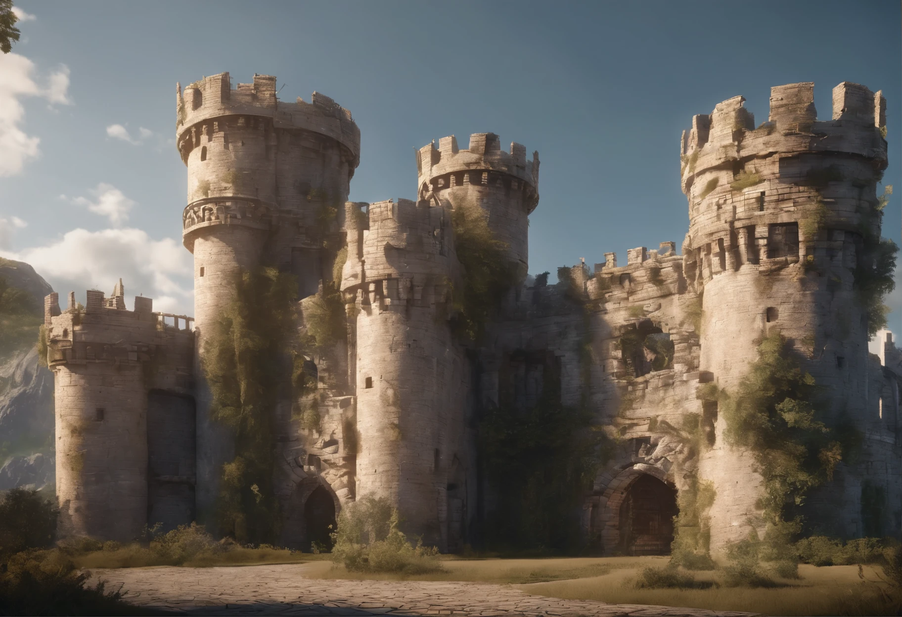 old ruined castle with many round towers and huge lattice gates, (Best Quality, 16K, Masterpiece, UHD, Ultra quality cinematic lighting, Huge detail, Well lit, 35mm, sharp, hyper realistic, epic scale, insane level of details)