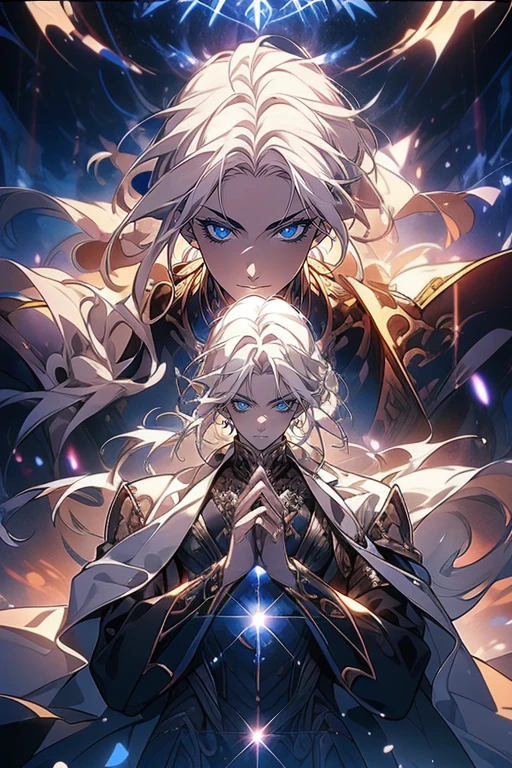 (tmasterpiece、top-quality、absurderes)、1 Male humans,The Diamond Prince in Marvel Gothic style,(A detailed eye)、(Long white hair),eBlue eyes,lower eyelashes、(Black armor),The upper part of the body、(Sunlight light)、Contre-Jour,Only the eyes glow,rete,