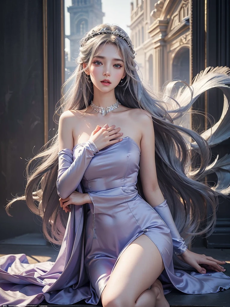 masterpiece, best quality, extremely detailed,cinematic lighting, finely detailed beautiful face and eyes, stoic, arrogant , long smooth shiny silver color hair, Realistic lighting, pretty face , Body perfect anatomy,Top Quality, Top resolution, realistic , Cinematic, Aesthetic, beautiful girl , full body , princess in lavender modest silk dress