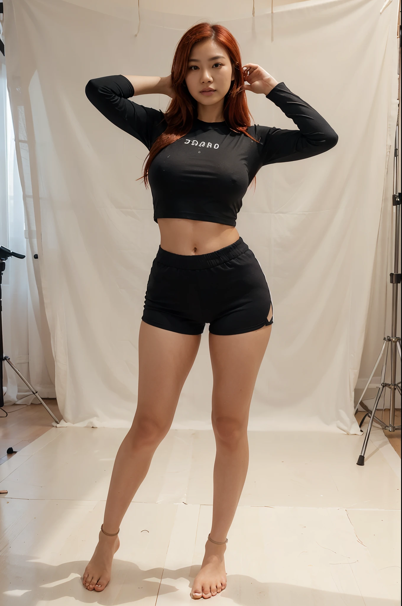 asian woman, 30 years old. red hair, big breast, tight t shirt and tight shorts. standing in a t pose, camera 10 feet away white background. full body shot. standing up straight , modeling pose , casual pose arms out t pose. arms down by side full body including feet