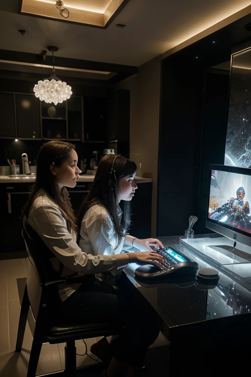 Imagine a futuristic scene in 8K quality, onde um pai, na casa dos 60 anos, and her 2 year old son are immersed in an exciting game in a futuristic dining room. The room is equipped with the latest technology, featuring a cutting-edge computer and illuminated electronic accessories all around.
Cinematic-style spatial lighting creates a fascinating ambiance, com detalhes brilhantes que destacam cada elemento da cena. The atmosphere is enhanced by a combination of fire lighting and crystallized ice, providing vivid contrasts and a unique sense of depth.
Parent and child are involved in the game, with expressions of fun and fascination. Ao redor deles, electronic accessory edges, como teclados, controles e monitores, are subtly lit. a robot dog, loyal family companion, is present on the scene, adding a lovely touch to the composition.
Make sure to capture the essence of the interaction between different ages and the contrast between the futuristic environment and family moments. Explore as texturas, reflections and shadows to create an immersive image that tells an intriguing visual story.