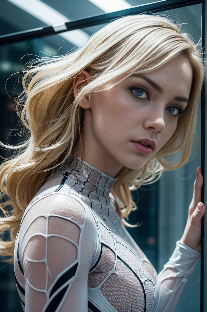 (1 girl:1.3), solo, (((highly detailed face))),(((highly detailed eyes and face))),beautiful and fine eyes,body parts__, official art, unity 8k wallpaper, super detailed, beautiful beautiful, beautiful feces, masterpiece, highest quality, immature, masterpiece, ultra-detailed photos, highest quality, Super high resolution, photorealism,actress emily bet rickards,blonde,soaking wet,transparent,Spider - woman in a black and white suit standing by the window in the city, spider gwen, spider - gwen, spider gwen, gwen stacy