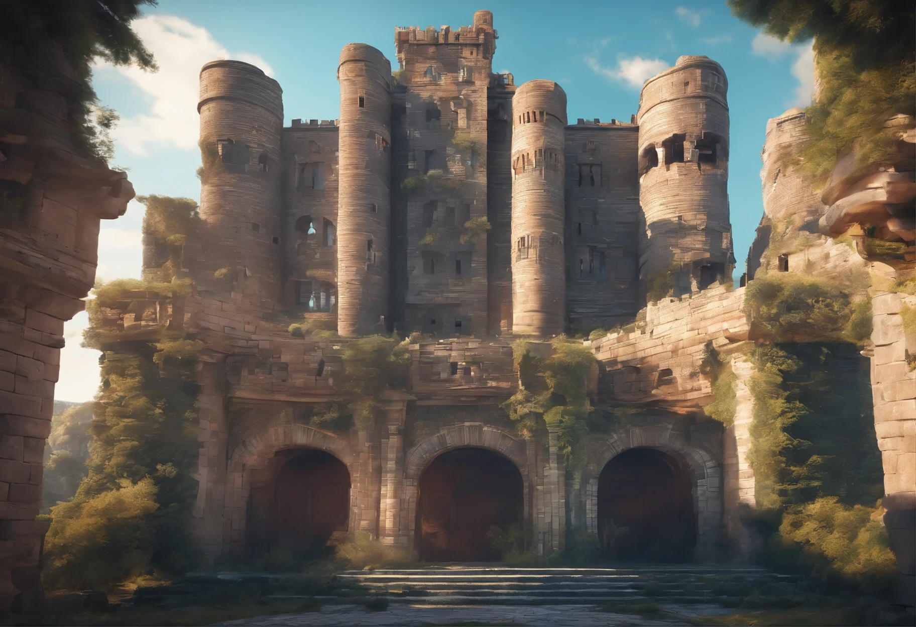 old ruined castle with many round towers and huge lattice gates, (Best Quality, 16K, Masterpiece, UHD, Ultra quality cinematic lighting, Huge detail, Well lit, 35mm, sharp, hyper realistic, epic scale, insane level of details)