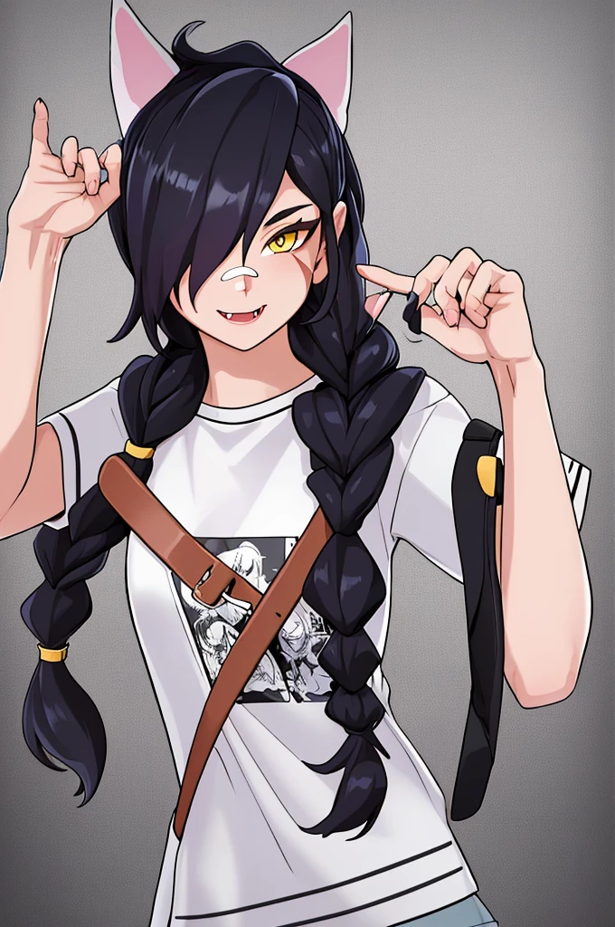 Erisa, 1girl, solo, long hair, looking at viewer, black hair, bandaid on face, yellow eyes, animal ears, smile, bandaid on nose, braid, cat ears, bandaid, bangs, breasts, fake animal ears, simple background, open mouth, fang, , bare shoulders, scar, teeth, shirt, bare shoulders, white shirt, short sleeves, closed mouth, t-shirt, hair over one eye, portrait, bag, hair over shoulder, shorts, seductive, realistic, best quality, masterpiece, ultra detail, ultra high res, extreme detail, 8k