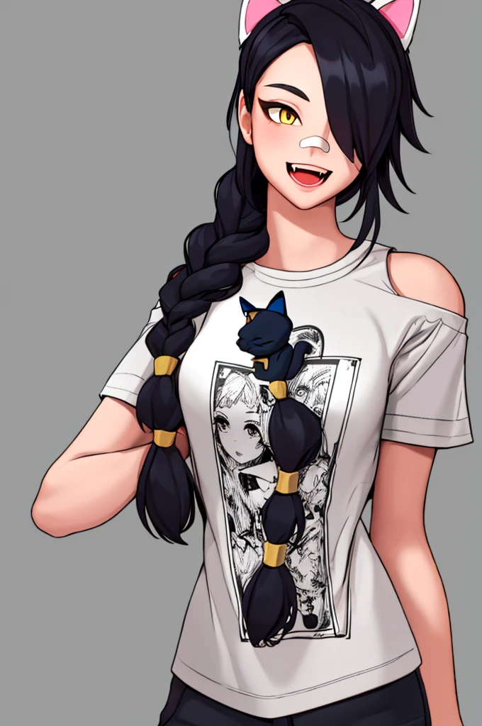 Erisa, 1girl, solo, long hair, looking at viewer, black hair, bandaid on face, yellow eyes, animal ears, smile, bandaid on nose, braid, cat ears, bandaid, bangs, breasts, fake animal ears, simple background, open mouth, fang, , bare shoulders, scar, teeth, shirt, bare shoulders, white shirt, short sleeves, closed mouth, t-shirt, hair over one eye, portrait, bag, hair over shoulder, shorts, seductive, realistic, best quality, masterpiece, ultra detail, ultra high res, extreme detail, 8k