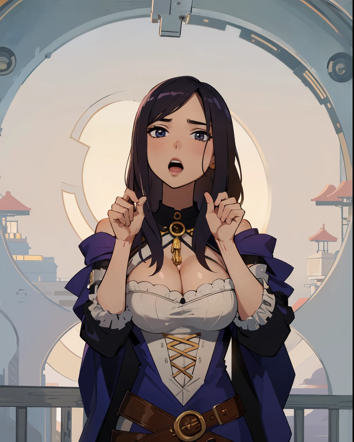 girl, sexy, jaquet, cleavage, hands up, western