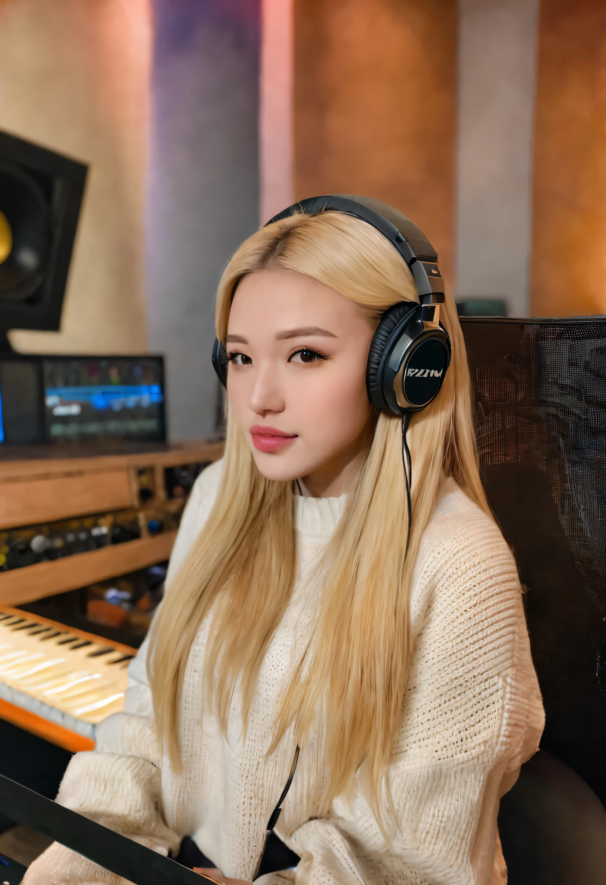 MsPuiYi, 1girl, solo, long hair, looking at viewer, blonde hair, sitting, sweater, lips, headphones, chair, instrument, head rest, realistic, recording studio